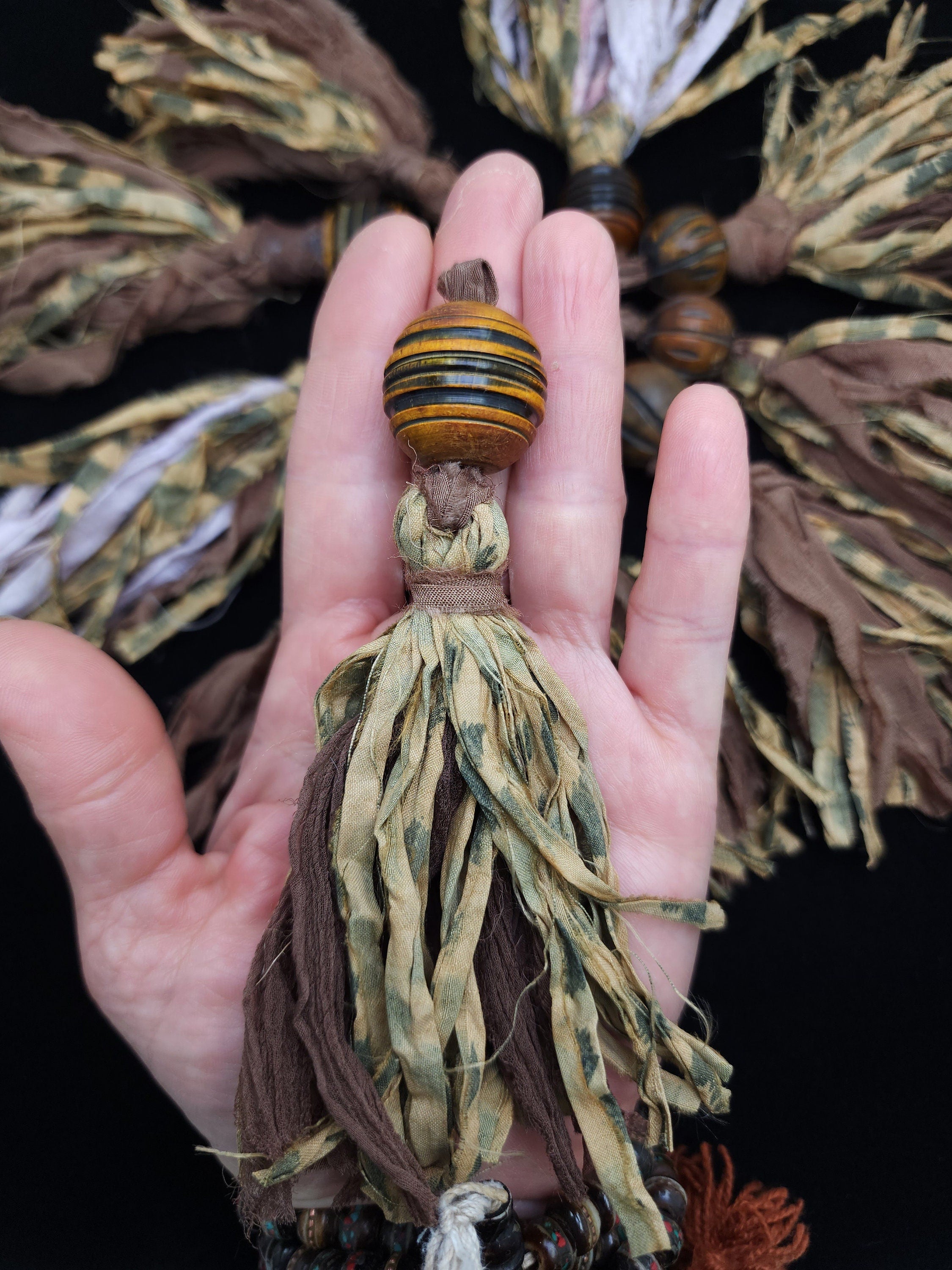 Silk Sari Tassel for Mala Beads - Unique Mala Necklace Tassel - Fair Trade Sari Silk - Handmade Tassels - Horn Bead - Jewelry Supplies
