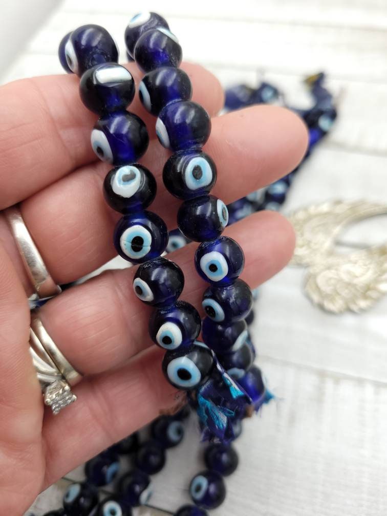 Evil Eye Glass Beads Handmade From Java Handcrafted  Strand 10" 10mm, Lampwork Beads, Blue Glass Beads, Jewelry Making Supplies, Craft.