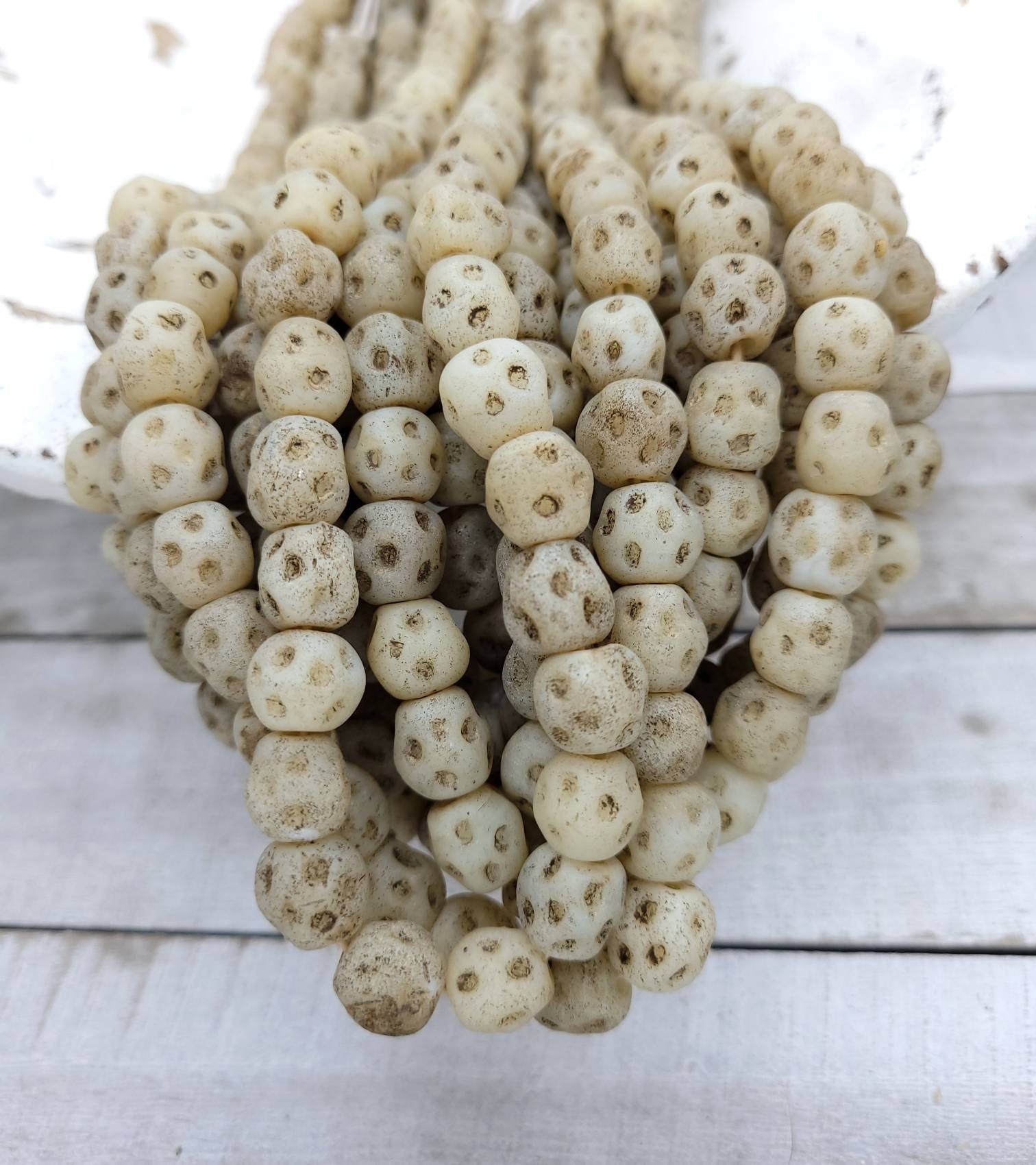 Beige Translucent Glass Beads With Old Rustic Accent [15] 10-11 × 10-11mm, Lampwork Beads, Indonesian, Thailand, Jewelry Making Supplies.