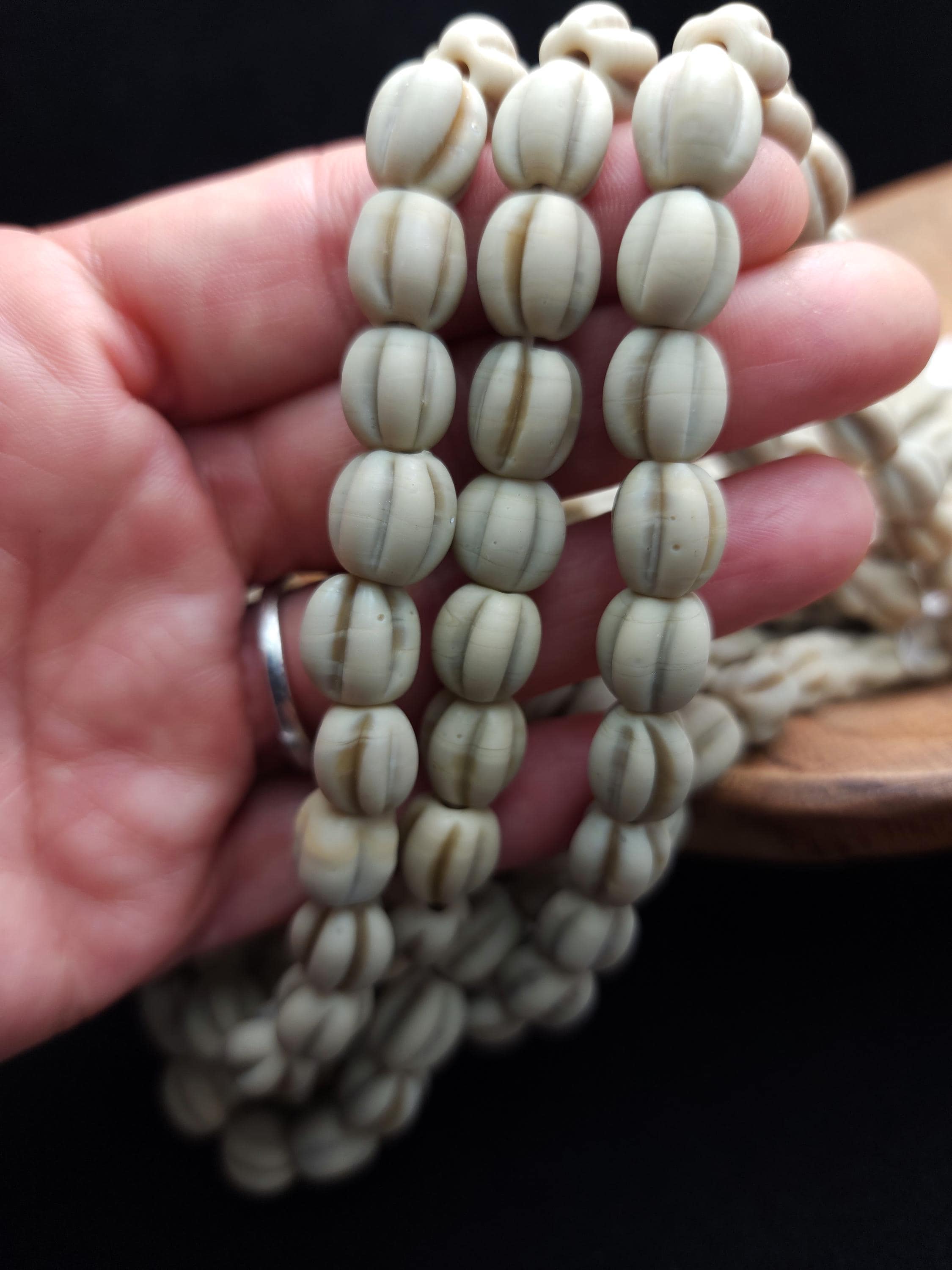 Strand of 12 Melon Glass Beads 10-11mm, Opaque Beige Beads Handmade in Java, Indonesia, Pumpkin Ethnic Artisan Beads, Jewelry Supplies