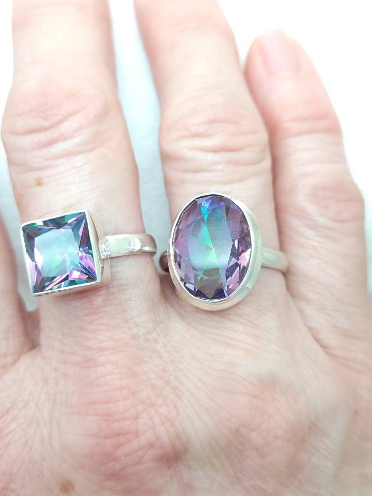925 Solid Sterling Silver Cut Faceted Mystic Topaz Ring / Size 8 1/2.