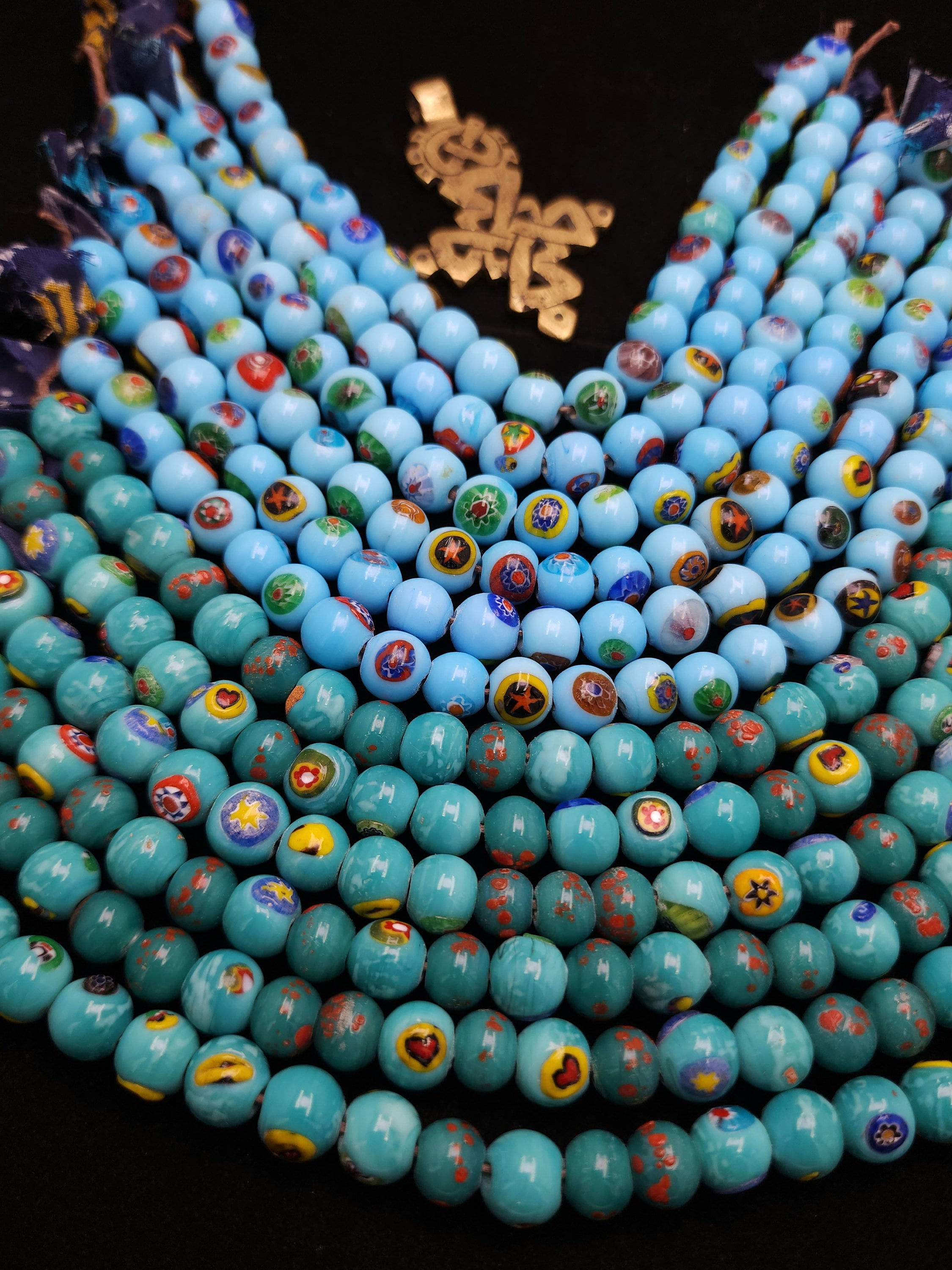 Millefiore Glass Beads Strand 8" 9-10mm, Glass Beads For Jewelry Making, Handmade Beads, Boho Tribal Ethnic
