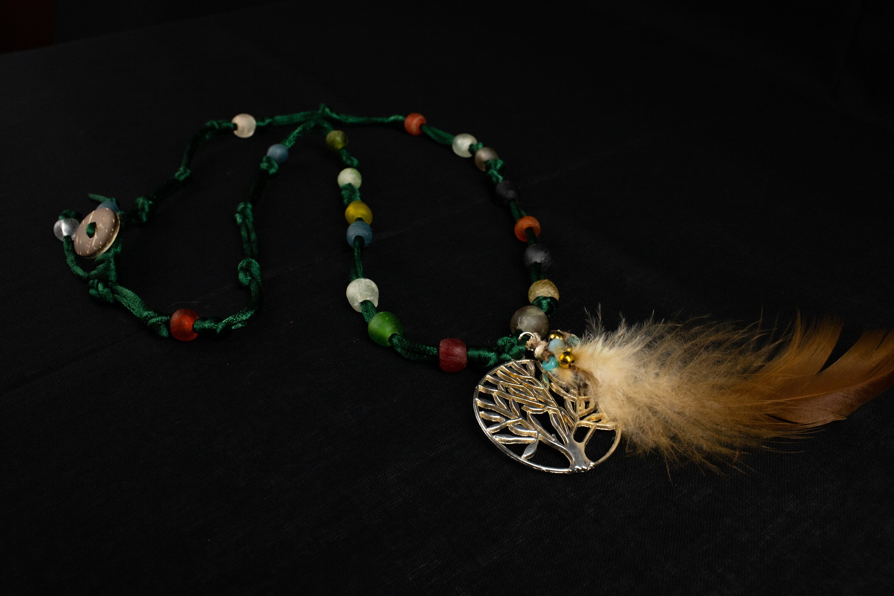 FINAL SALE!  Silk feather Necklace  pendant  African glass  Natural feather  Silk  crystal