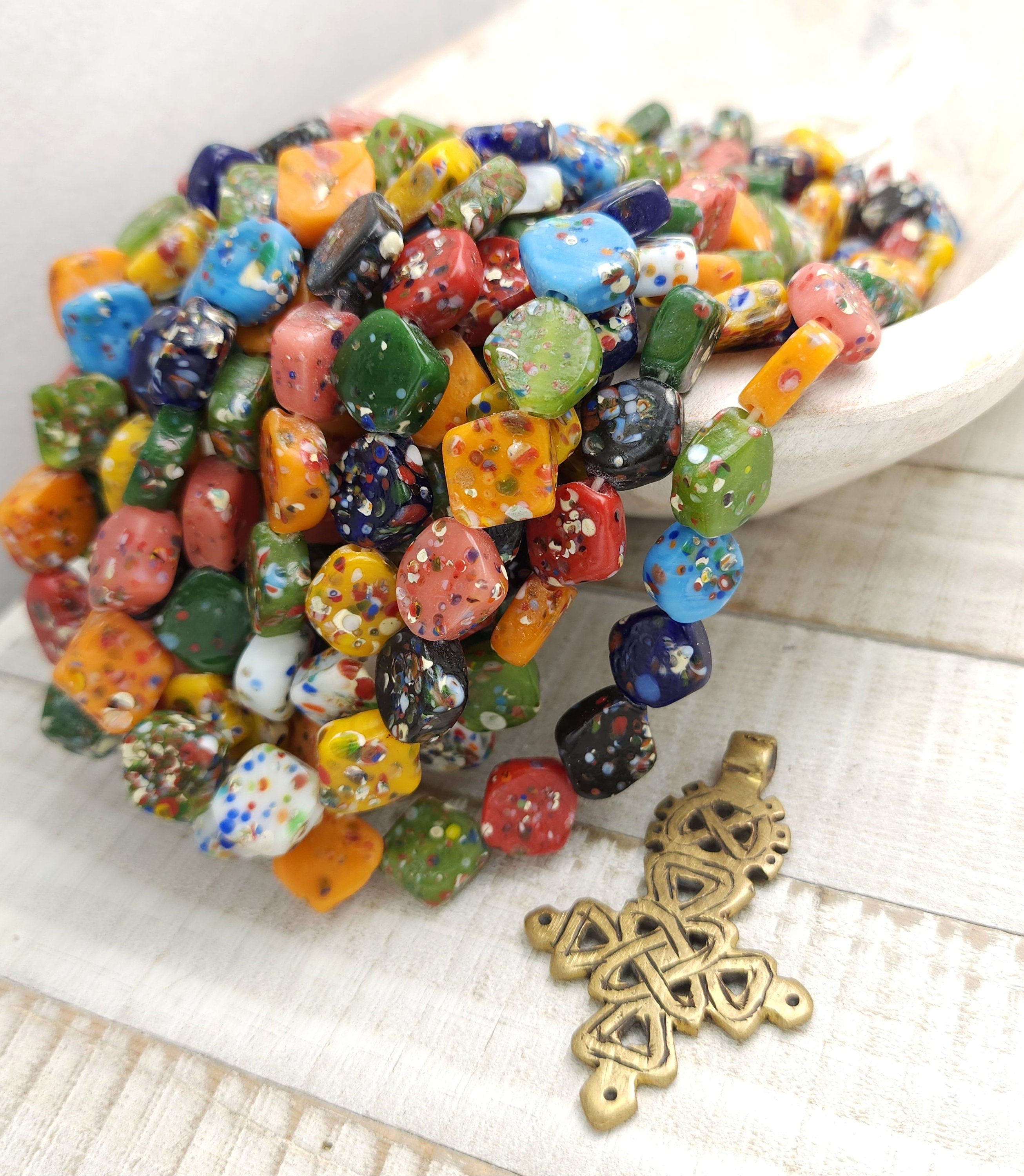 Square Mosaic Glass Beads / Strand With 12 Beads15-17mm / Thailand Beads / Indonesia / Lampwork Beads / Jewelery Making Supplies.