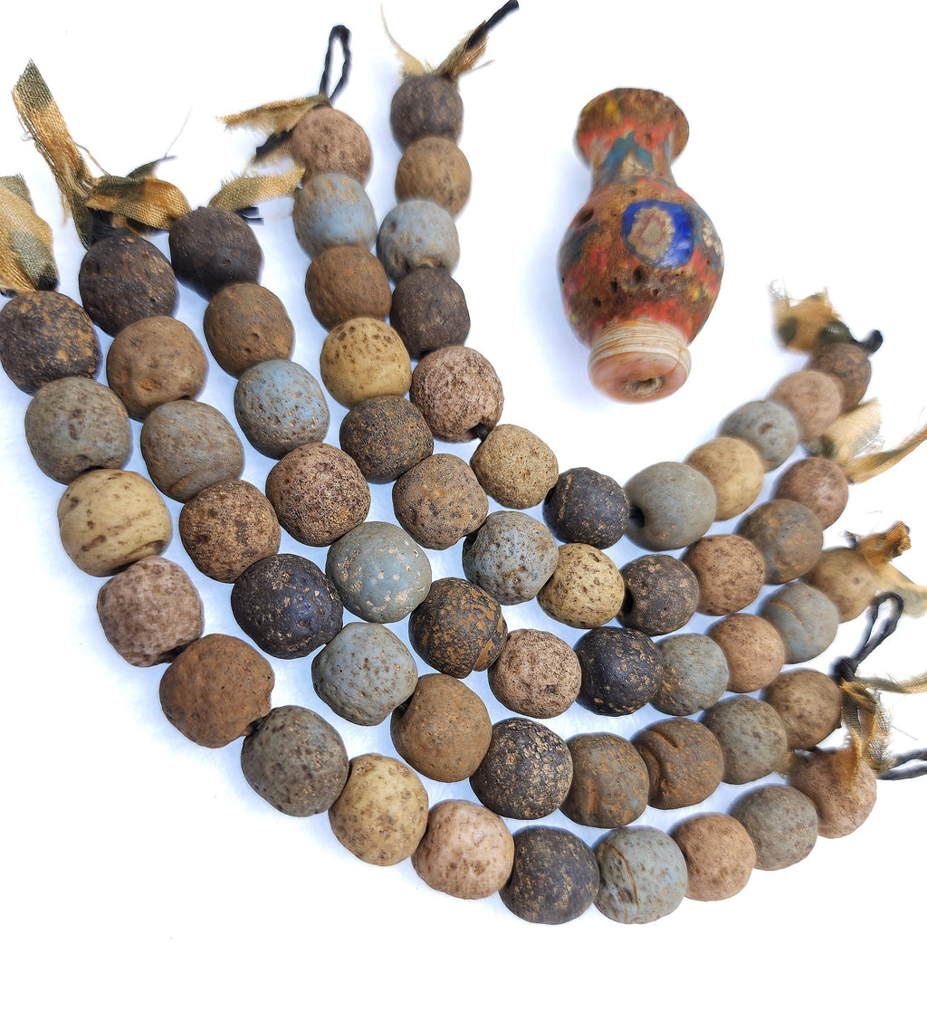 Old Indonesian Glass Beads Strand 12 Earthy Blue Yellow Black Beads 11-13mm / Vintage / Rustic / Tribal / Boho / Hippie / Jewelry Supplies