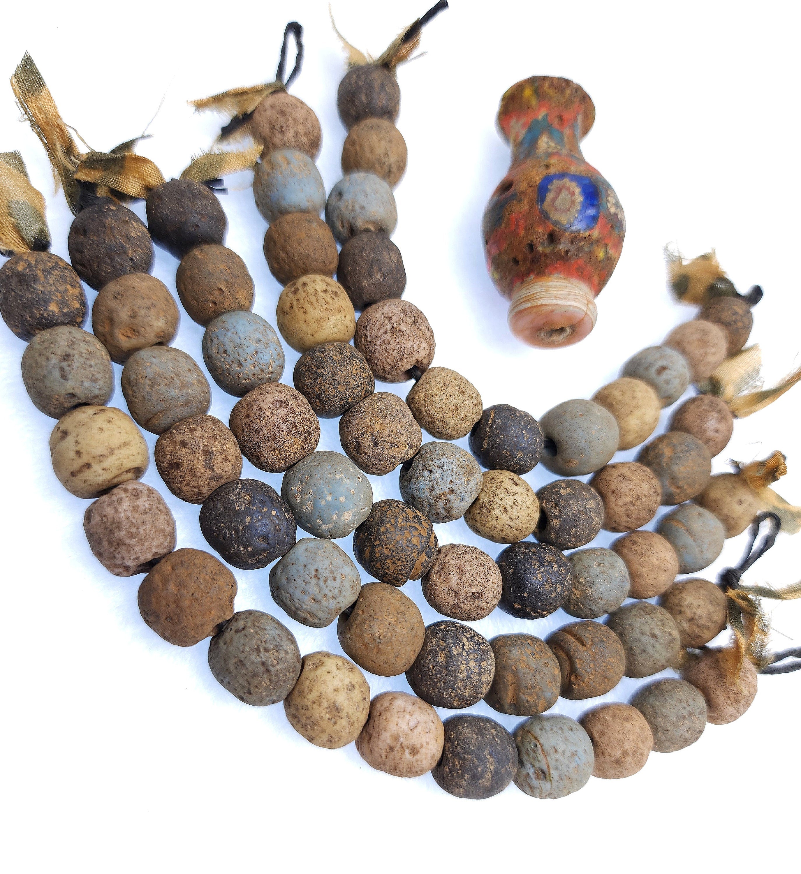 Old Indonesian Glass Beads Strand 12 Earthy Blue Yellow Black Beads 11-13mm / Vintage / Rustic / Tribal / Boho / Hippie / Jewelry Supplies