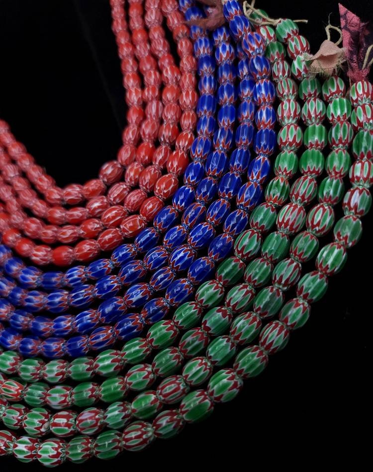 Multi-Layer India Handmade Chevron Glass Beads Choose Red, Blue Or Green / Strand 10"  30 Beads 7x9mm / Jewelry Making Supplies.