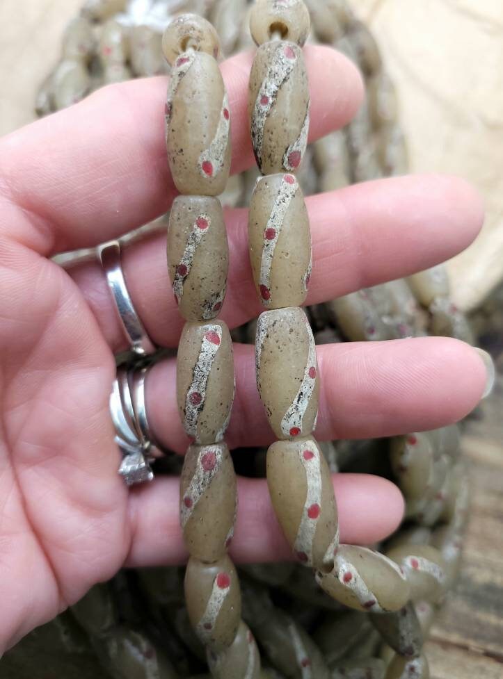 Old Accent Glass Beads Made By Thai Artisan Hands / Indonesian Beads / Java / 10 Beads 18-20mm x 10mm / Jewelry Making Supplies / Vintage