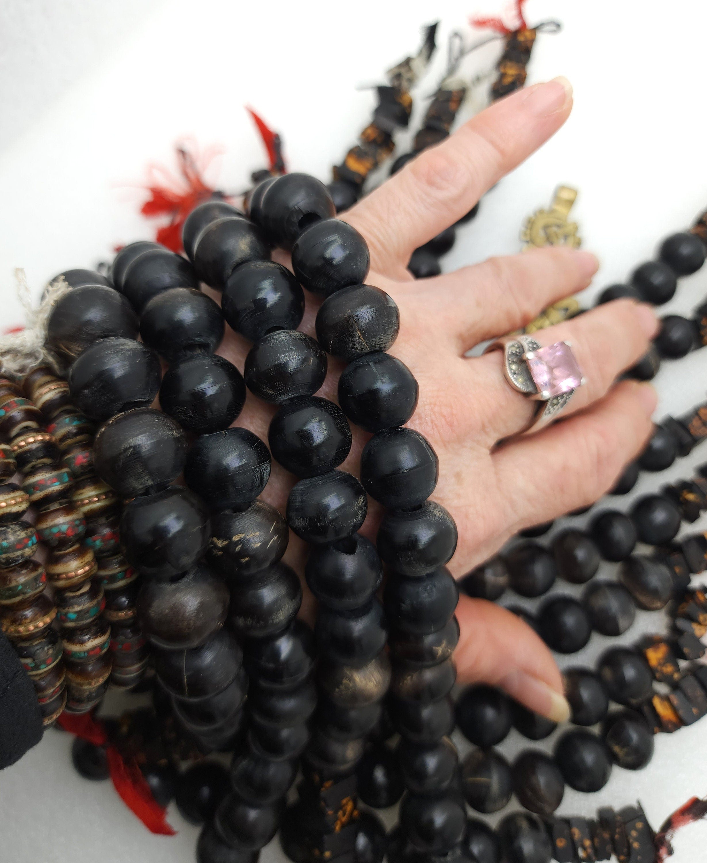Large Undyed Black Bone Beads 15×13mm Strand 10" Inches, African Bone Beads, Tribal, Ethnic, Navajo, Native American, Jewelry Supplies.