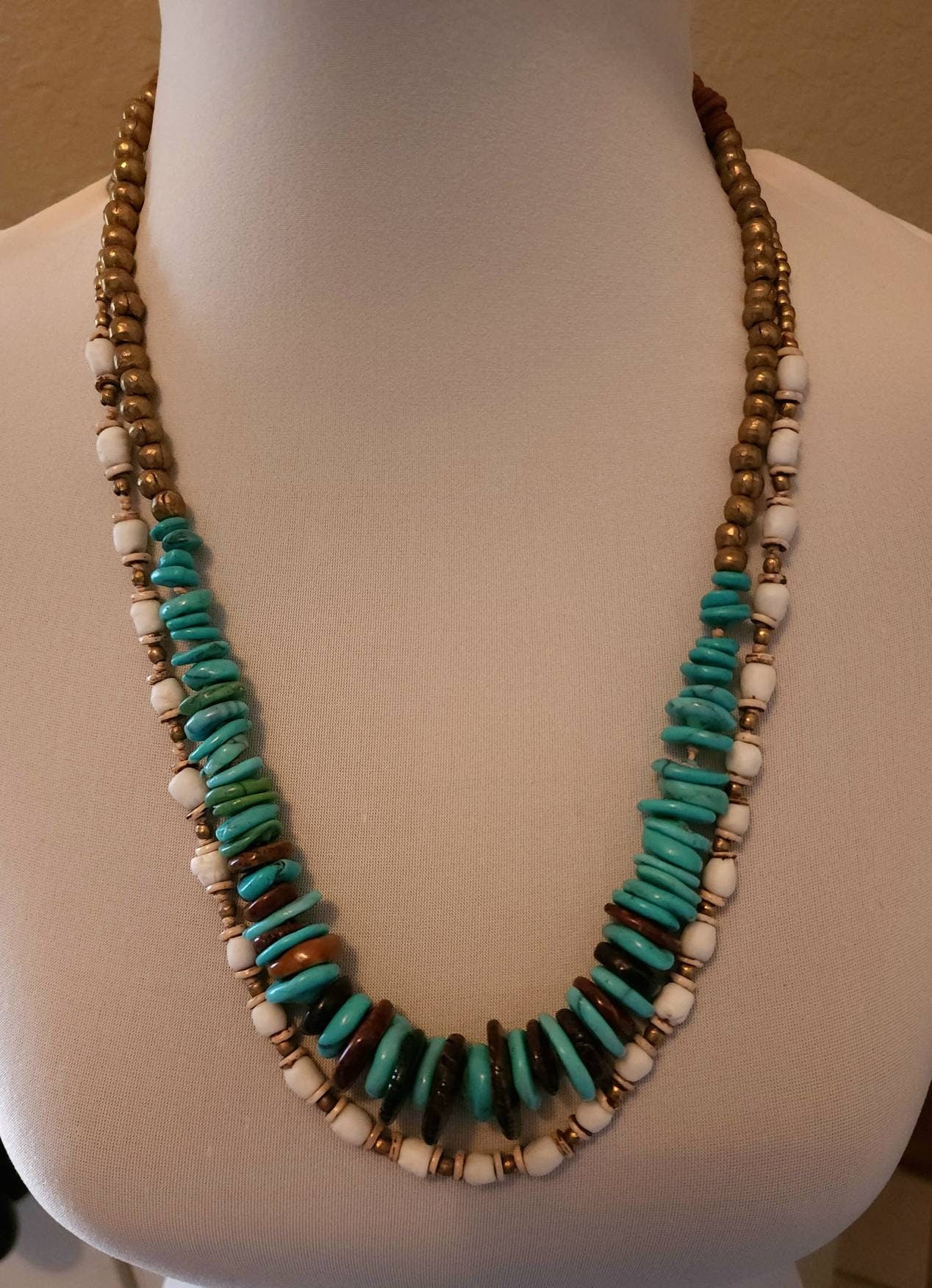 Beautiful Double Necklace With Synthetic Turquoises, African Brass Beads, Corded Genuine Leather / Necklace Length 14.5" With Option +.
