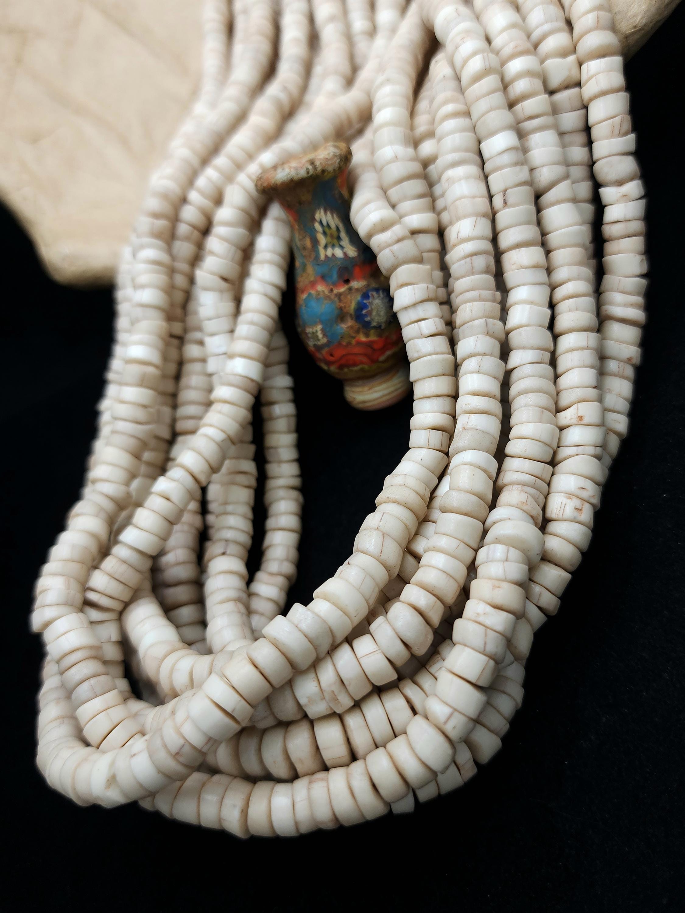 Beige Polished Glass Beads With Rustic Accent From Indonesia, Strand 10" 8mm, Jewelry Making Supplies, Craft, Spacer Beads.