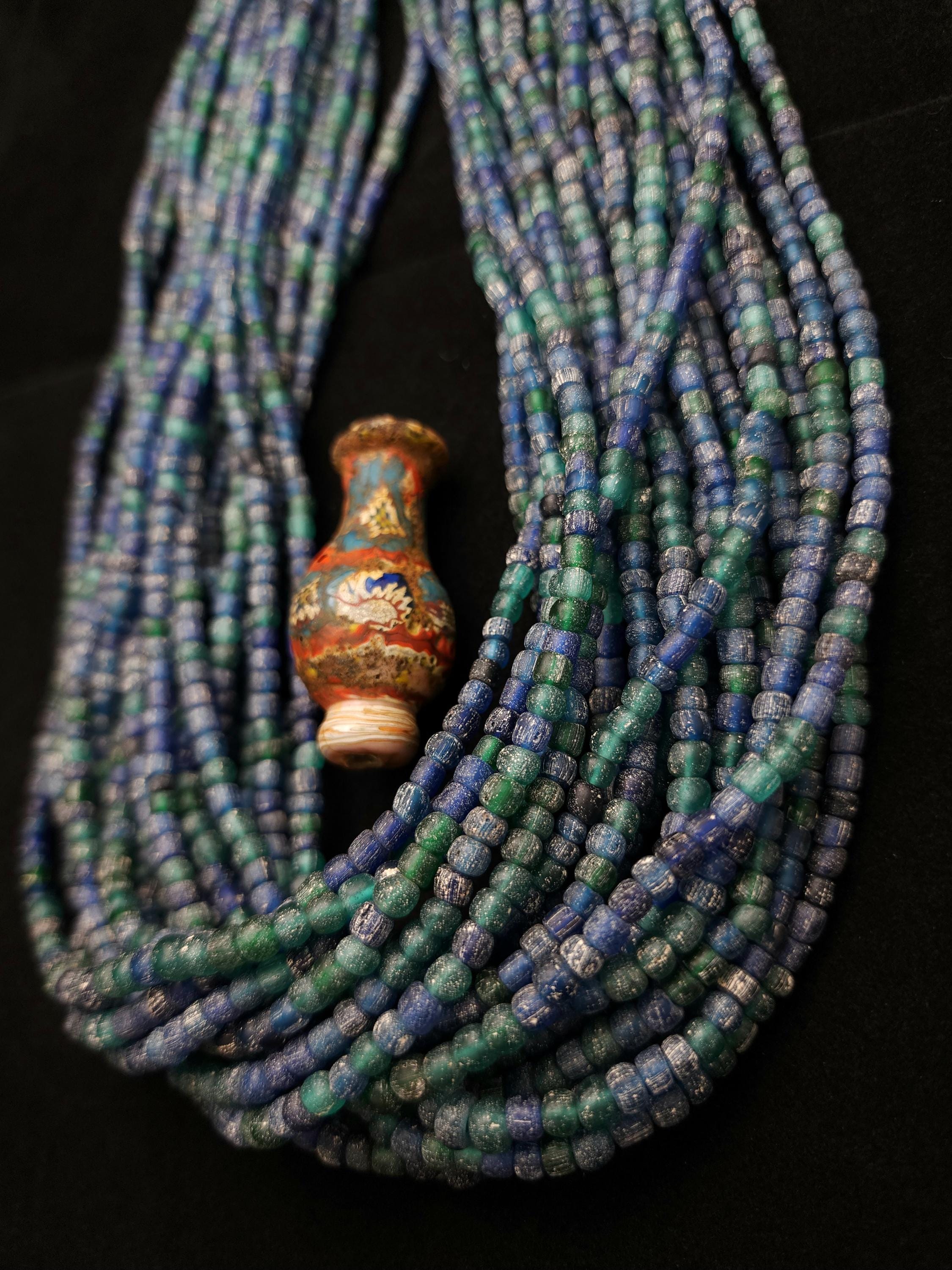 Boho Rustic Glass Beads from Indonesia 4-6×3-5mm Strand 22" [166 Beads], Blue & Green Handmade Beads, Craft Jewelry DIY.