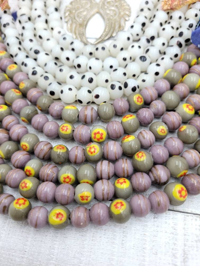 Beautiful Beads Handmade From Thailand Handcrafted, Millefiore, Lampwork Beads, Glass Beads, Jewelry Making Supplies, Strand 8", Venetian.