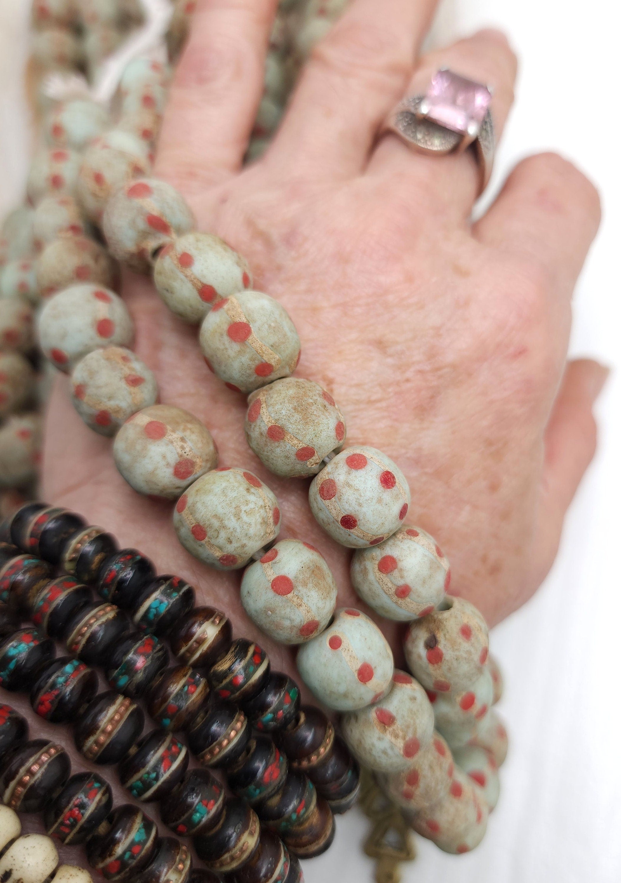 Pistachio Green Glass Beads with Old Rustic Accent  12-13mmx12-13mm 10 Beads Per Strand / Jewelry Supplies / Java / Indonesia / Ethnic