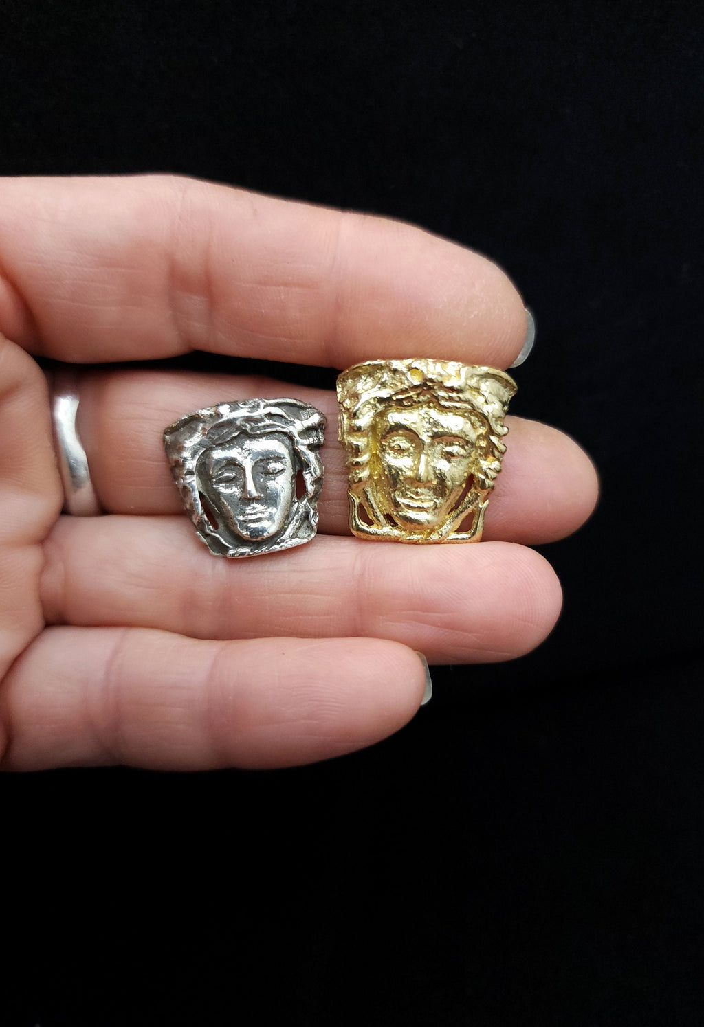 Raw Brass Medusa OR Fine Silver Medusa .99 Pendant, Mythological Face, Jewelry Supplies