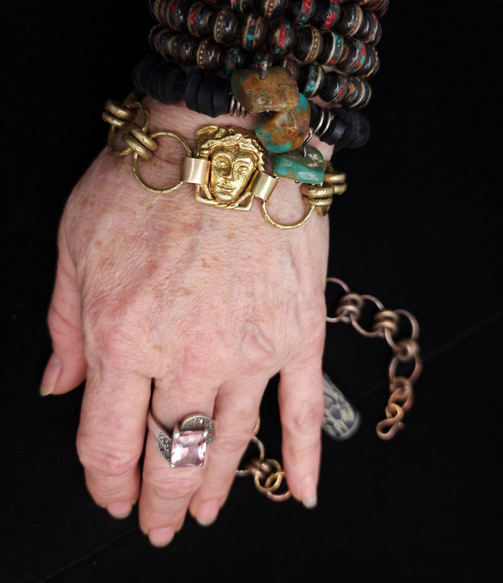 Beautiful Gold Brass Medusa Bracelet / Handmade / Historical / Unusual / Artistic Jewelry / For Her / For Him.