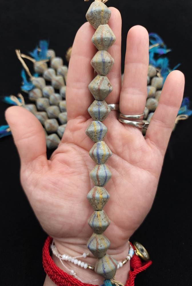 Venetians Style Beaded Bicone Antique Accent Strand 12 Beads 15× 15-16mm, Indonesia, Tribal, Ethnic, Lampwork beads, Jewelry Supplies.