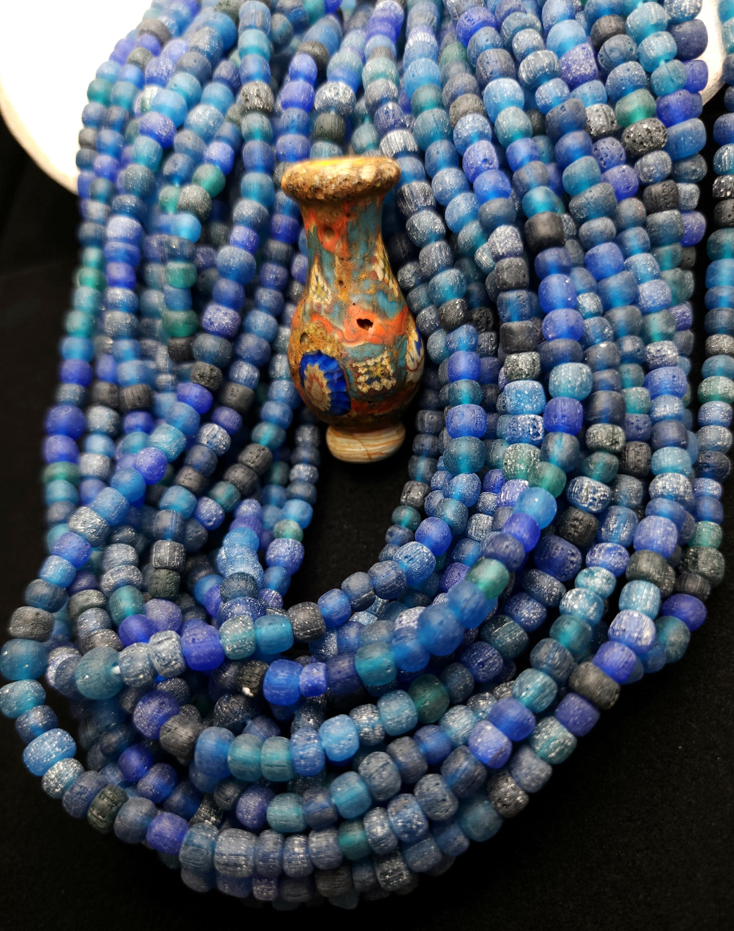 Ethnic Rustic Glass Beads from Indonesia 5-7×4-6mm Strand 23-24" [132-138 Beads], Blue, Black & Green Handmade Beads, Craft Jewelry DIY.
