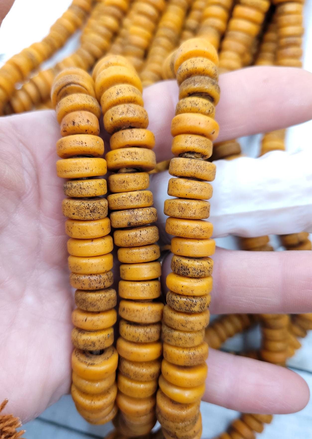 Light orange Beads With Strong Old Rustic Accent Beads Raw Texture / 11-12mm 10"Long Strand /Indonesia Java, Boho, Tribal / Jewelry Supplies