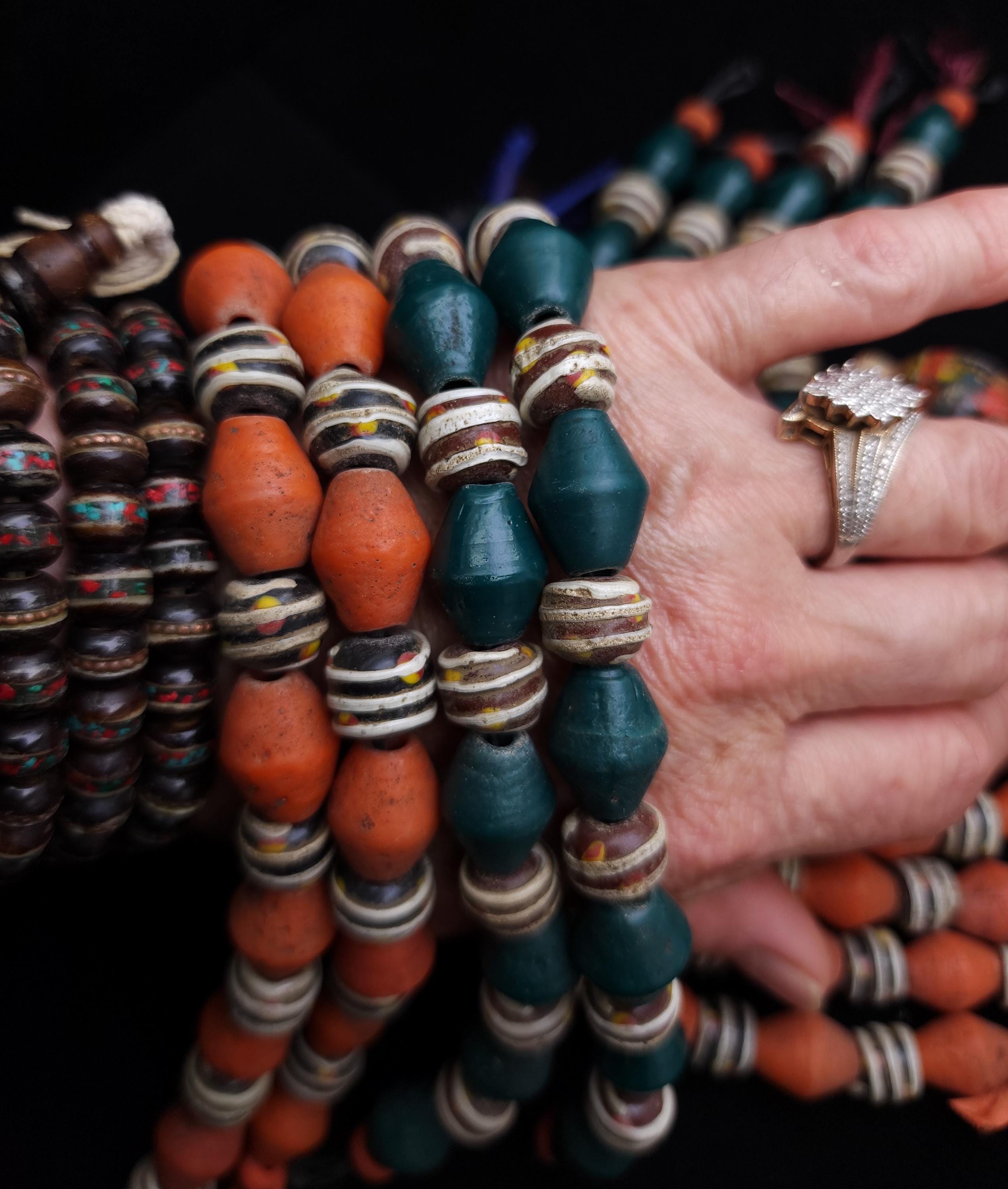 8" Strand [16 beads 9-12m] with a wide variety of beads with a rustic accent, Unique handmade glass beads from Indonesia, Jewelry Supplies