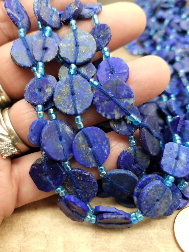 Beautiful Lapis Lazuli Beads Disc Shaped Button 8mm-12mm Strand 15 inches long / Jewelry Supplies.