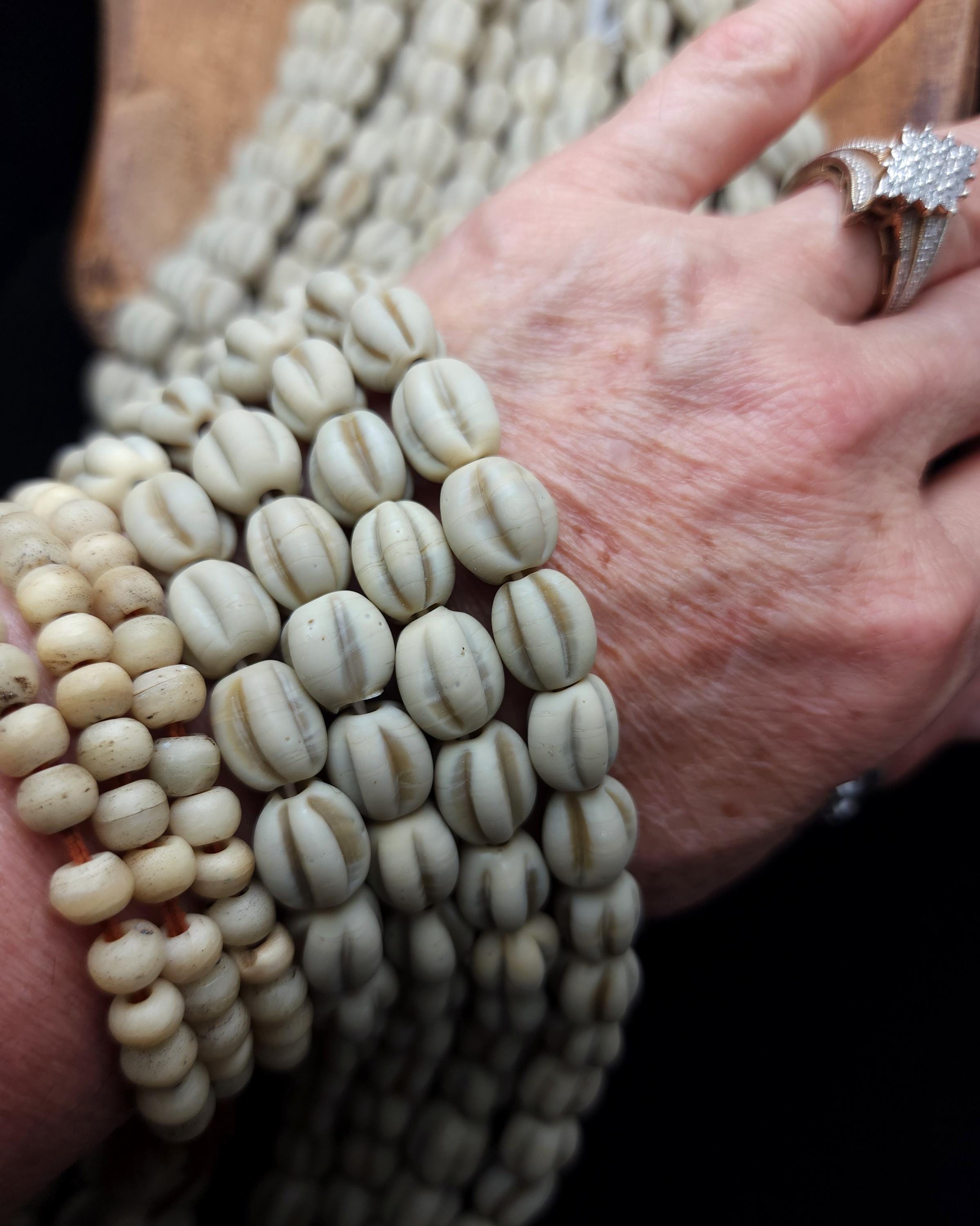 Strand of 12 Melon Glass Beads 10-11mm, Opaque Beige Beads Handmade in Java, Indonesia, Pumpkin Ethnic Artisan Beads, Jewelry Supplies
