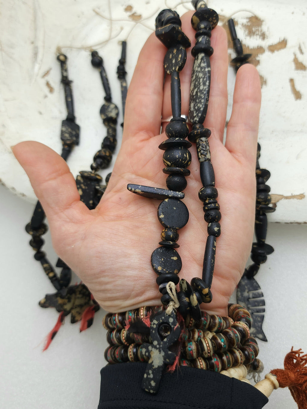 Splattered Black Bone Beads / Strand 14"+ Variety Of Bone Beads / Tribal / Ethnic / Boho / Fun Beads / Jewelry Making Supplies.