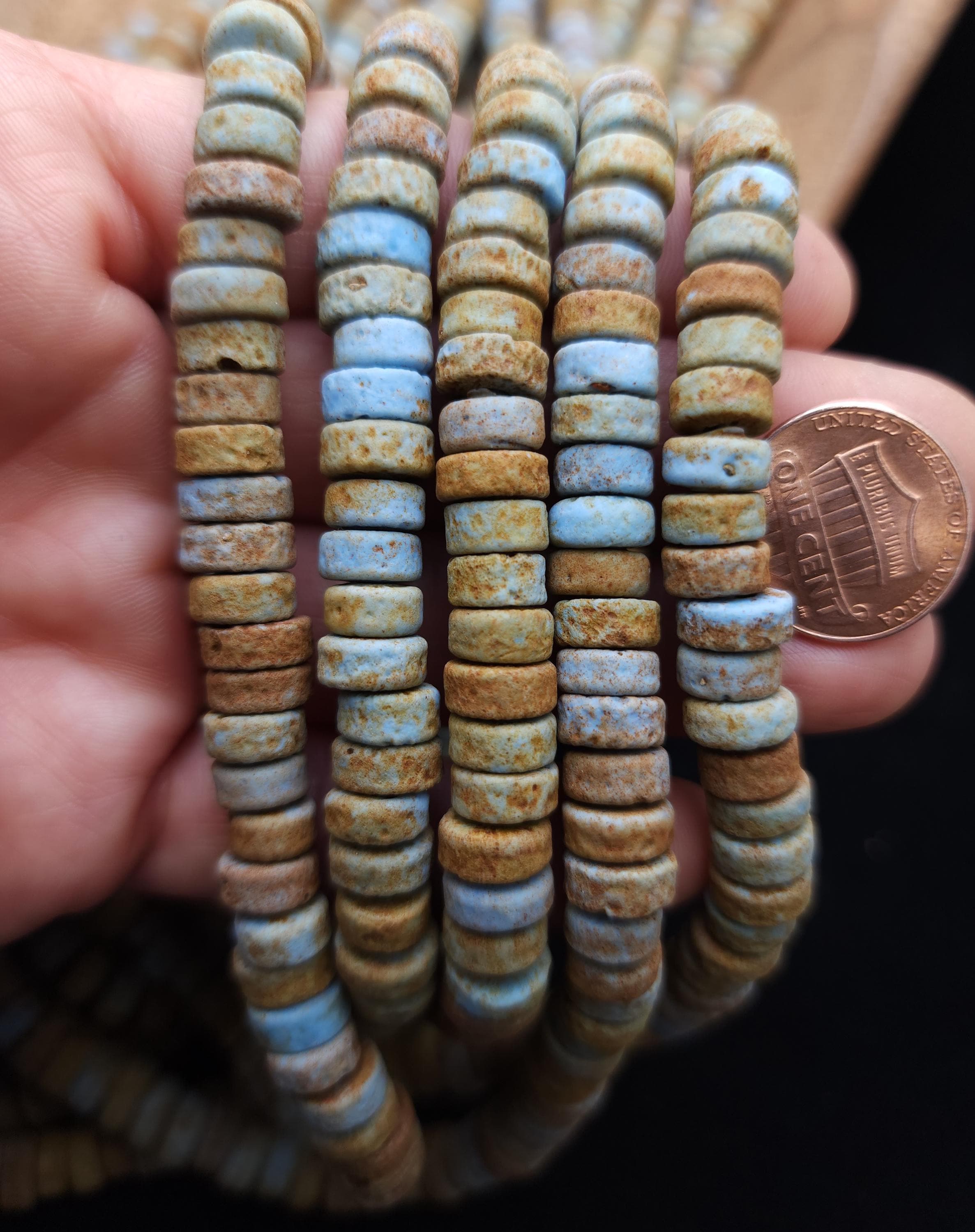 Indonesian Glass Heishi Beads, Aged Earth Tones Blue, Green & Patina, Strand 10" 8mm, Rustic Spacer Beads, Jewelry Making Supplies.