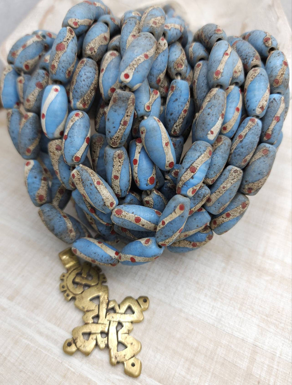 Sky Blue Glass Beads With Rustic Accent Made by Indonesian Artisans /Java / 10 Beads 18-20mm x 10mm /Jewelry Supplies / Vintage / Venetian /