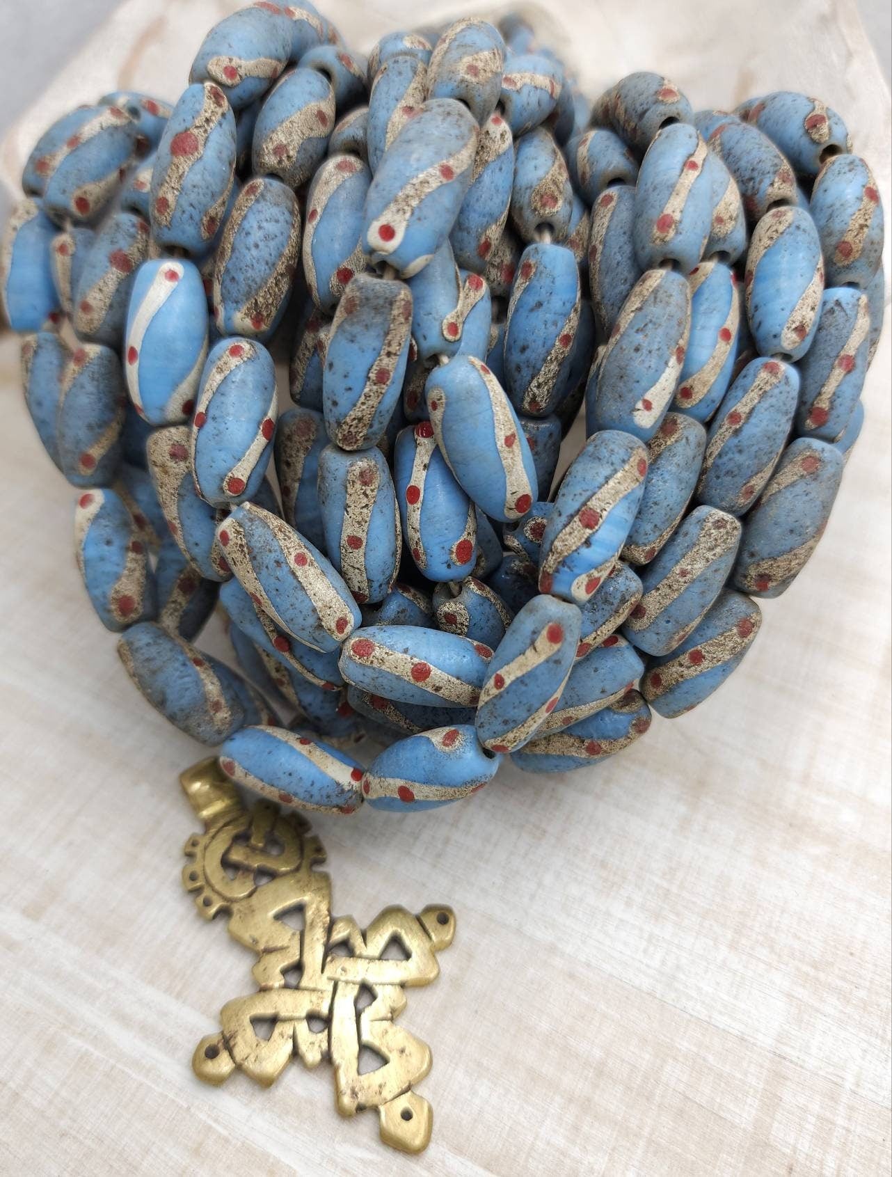 Sky Blue Glass Beads With Rustic Accent Made by Indonesian Artisans /Java / 10 Beads 18-20mm x 10mm /Jewelry Supplies / Vintage / Venetian /
