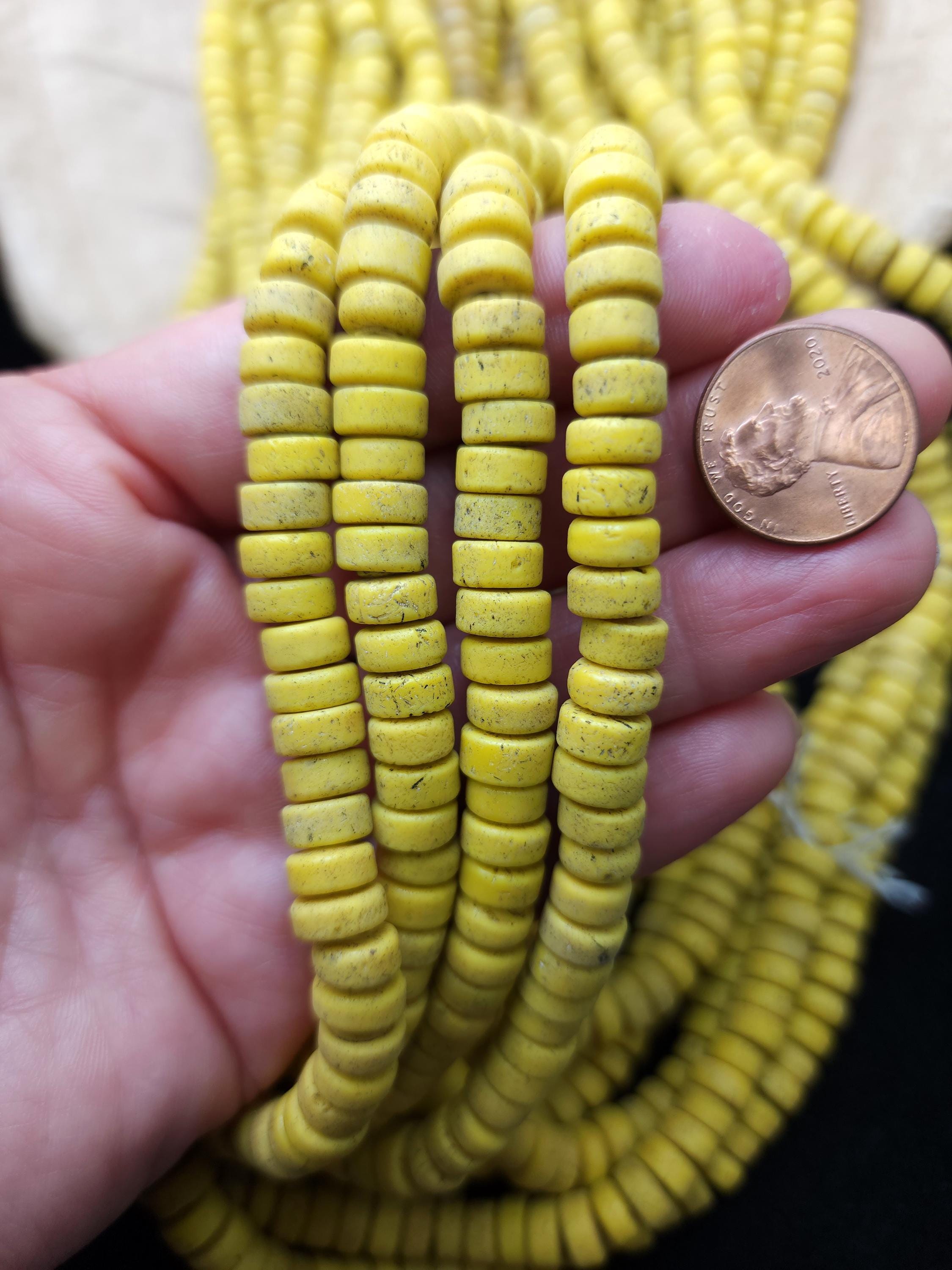 Yellow Canary Glass Beads With Antique Rustic Acent / 8mm 10" Long Strand / Indonesia Java Beads / Jewelry Making Supplies / Craft.