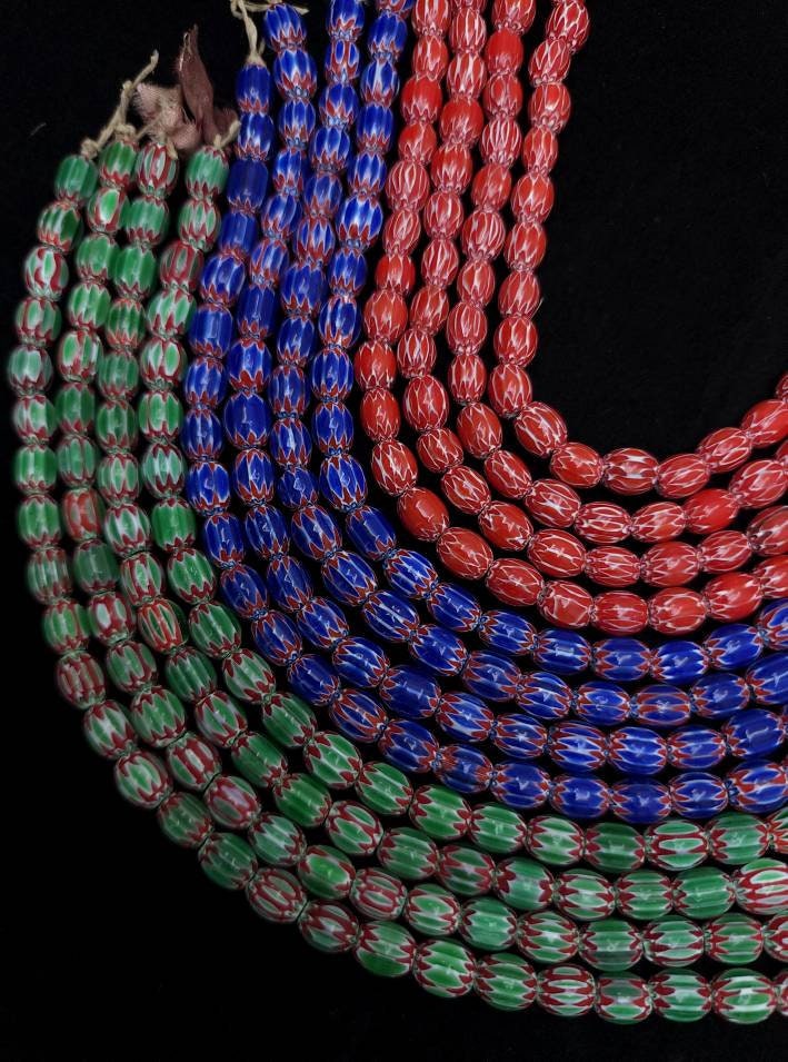 Multi-Layer India Handmade Chevron Glass Beads Choose Red, Blue Or Green / Strand 10"  30 Beads 7x9mm / Jewelry Making Supplies.
