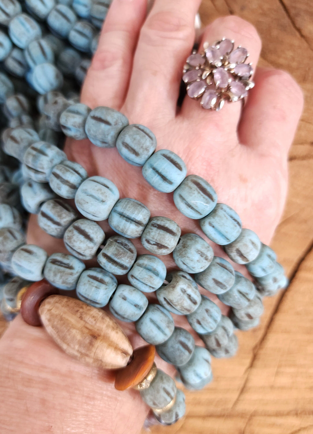 Blue Green Turquoise Melon Shaped Beads With Accent Rustic Old Look 12 Beads 10-11mm / Jewelry Supplies  / Boho / Lampwork Beads