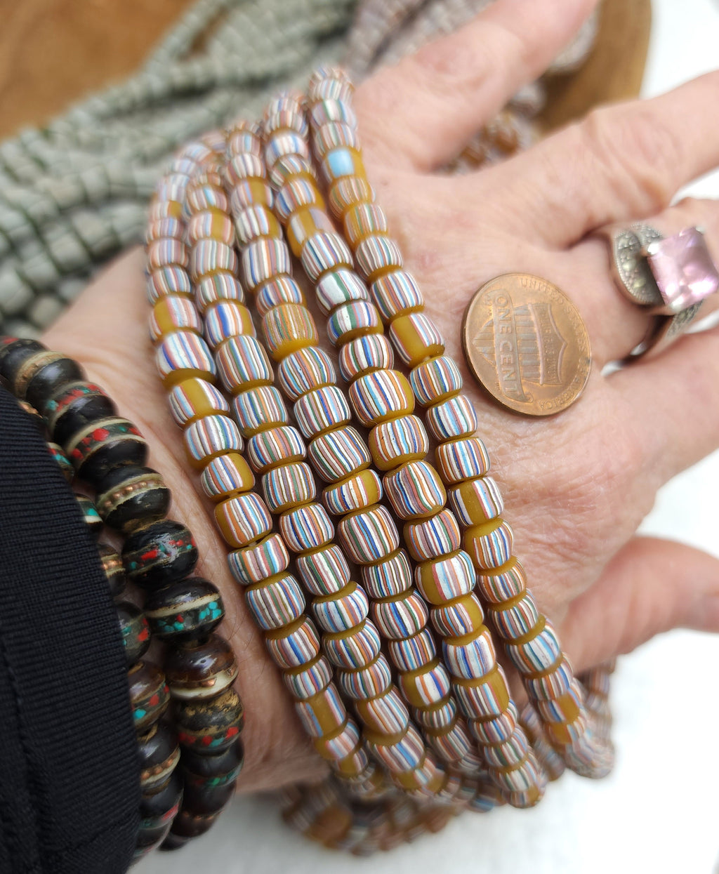 Full Strand 23" Venetian Style Currant Beads / Small Striped Java Beads 5-8mm x 5-6mm / Choose Green Or Yellow / Jewelry Supplies
