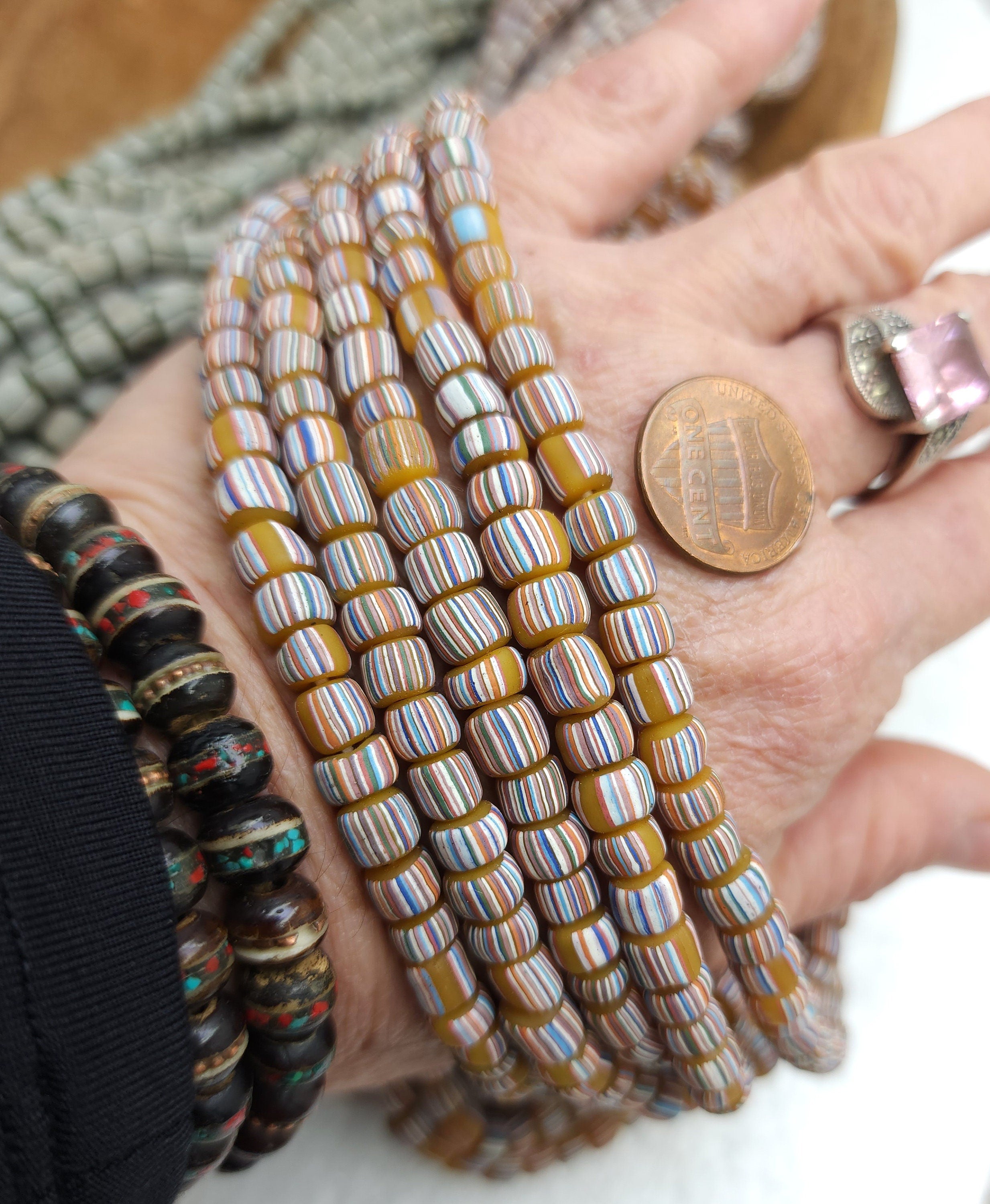 Full Strand 23" Venetian Style Currant Beads / Small Striped Java Beads 5-8mm x 5-6mm / Choose Green Or Yellow / Jewelry Supplies