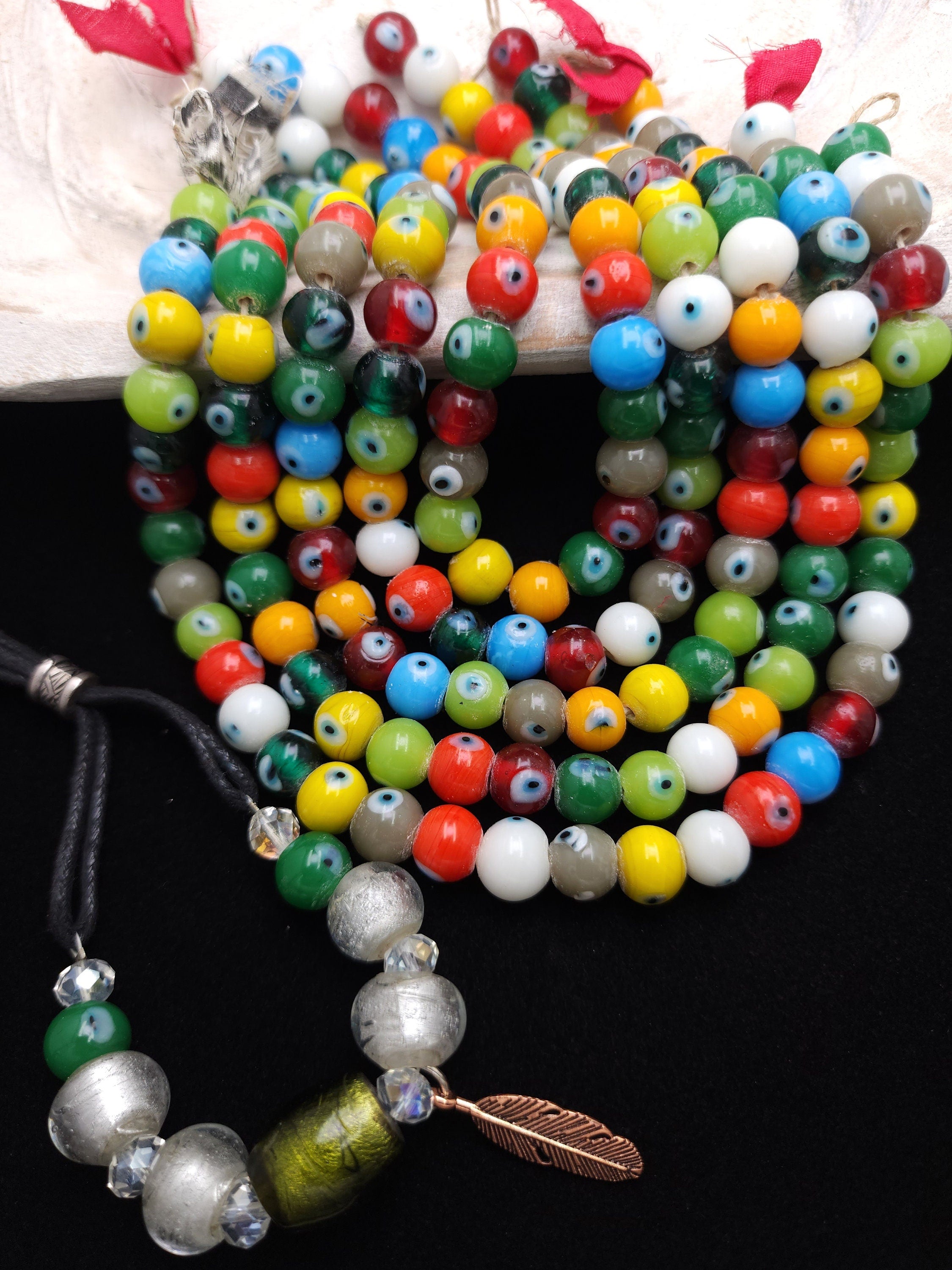 Evil Eye Glass Beads, Spacer Beads for Jewelry Making, Milticolor Beads, Handmade Beads, Strand 12" Inches 9-11mm, Jewelry Making Supplies