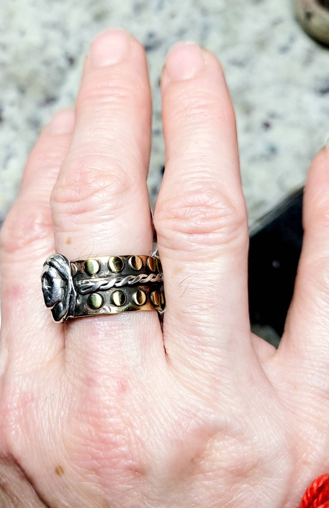 Beautiful Brass, 99.9 Silver, And Native American Face Ring