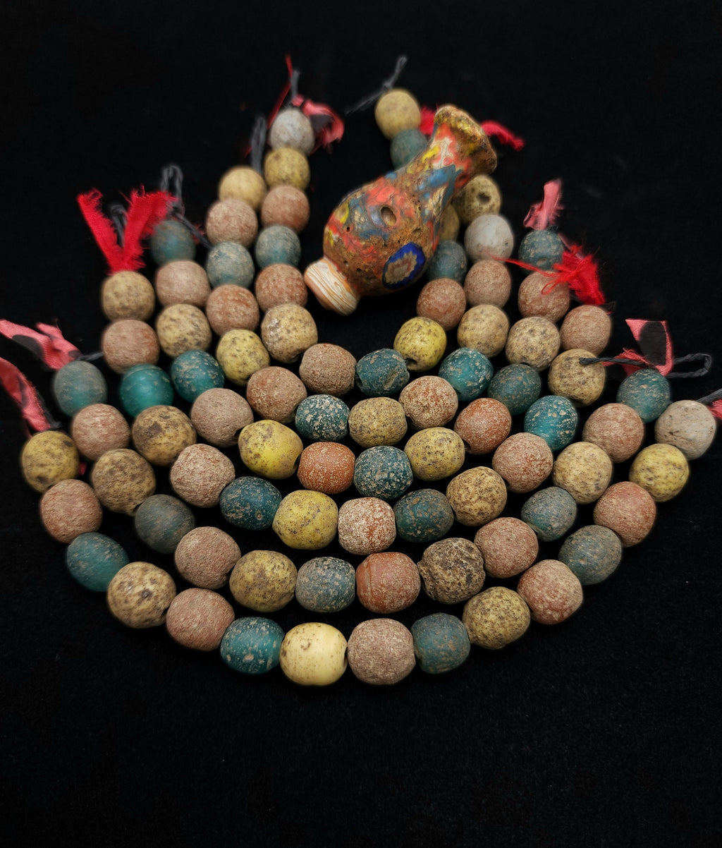 Indonesian Glass Beads Strand 14 Earthy Yellow, Red, Green Beads 10-12mm, Vintage, Rustic,  Tribal, Boho, Hippie,  Jewelry  Making Supplies