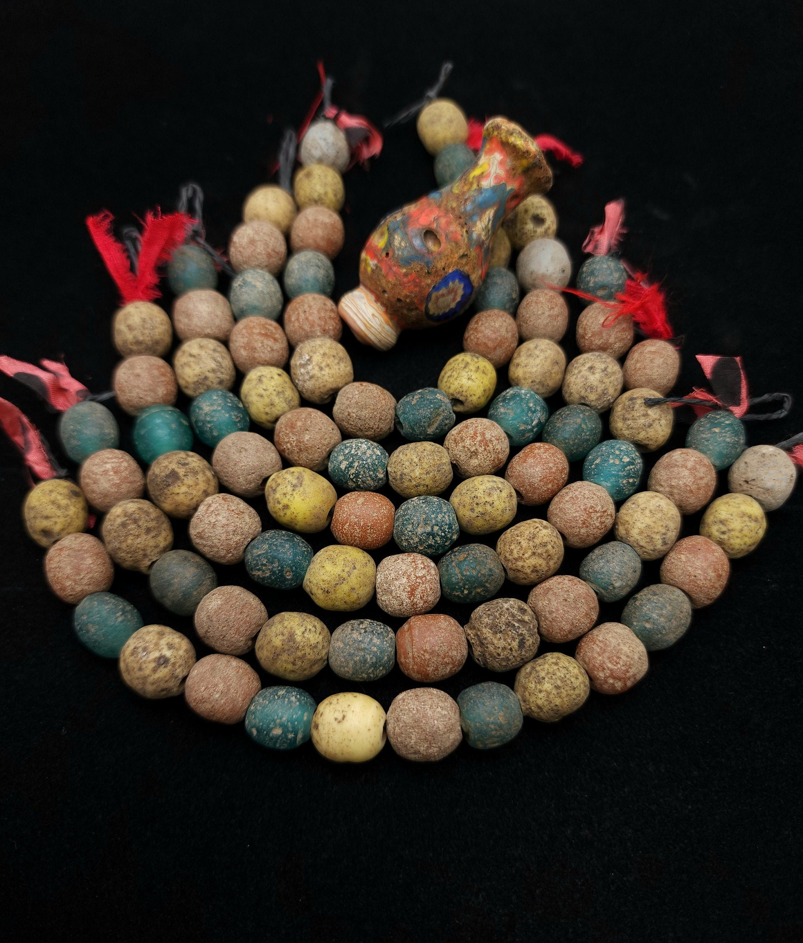 Indonesian Glass Beads Strand 14 Earthy Yellow, Red, Green Beads 10-12mm, Vintage, Rustic,  Tribal, Boho, Hippie,  Jewelry  Making Supplies