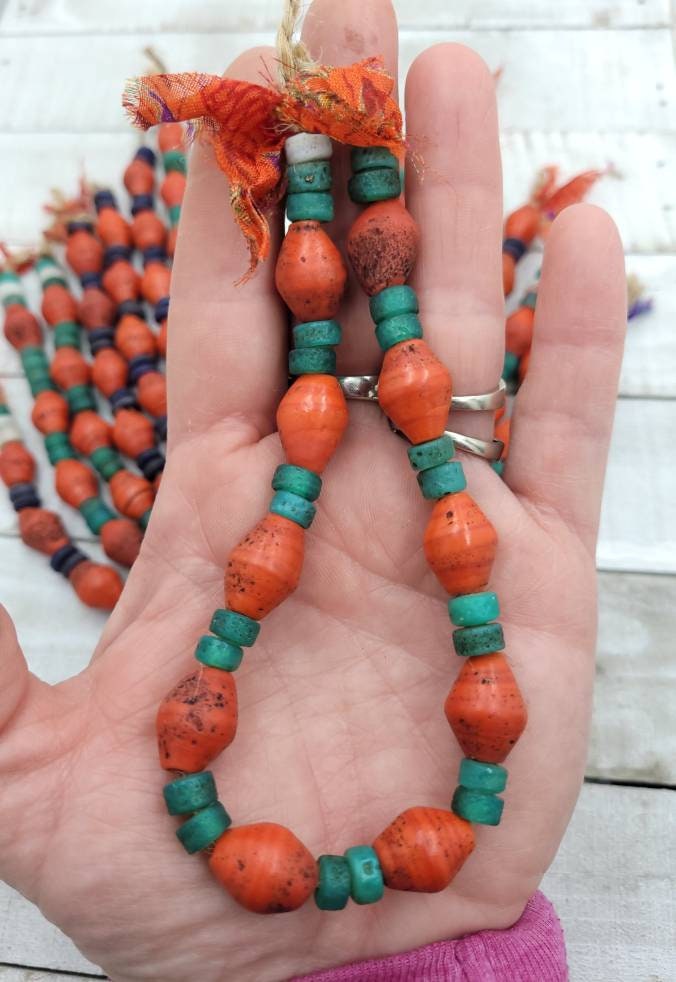 Red Glass Bicone Beads From Thailand With Antique Rustic Accent /10"Long Strand 15-17mm X 11-13mm Ring Beads 6mm / Indonesia Beads /Java /