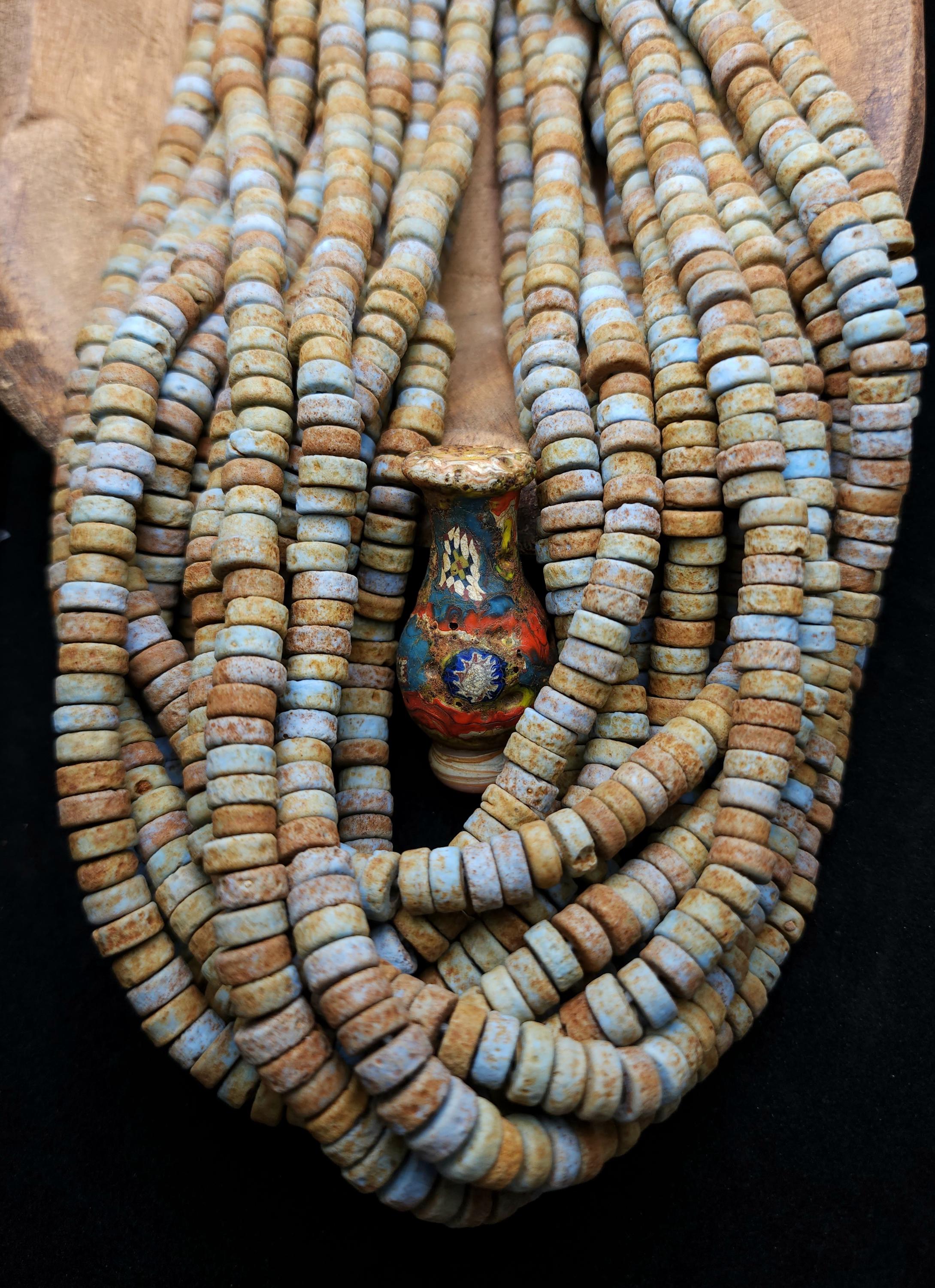 Indonesian Glass Heishi Beads, Aged Earth Tones Blue, Green & Patina, Strand 10" 8mm, Rustic Spacer Beads, Jewelry Making Supplies.