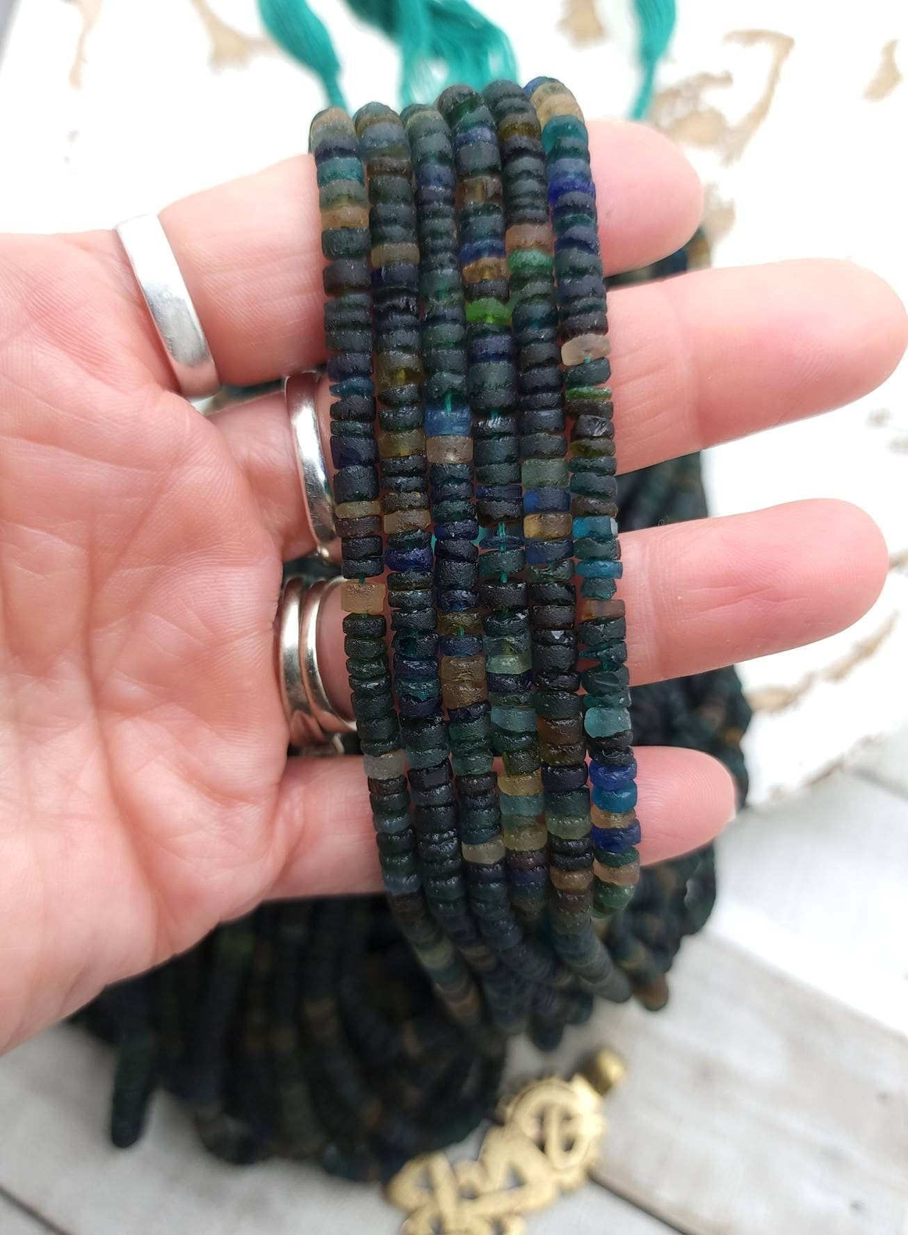 Dark Roman Glass 100% Genuine Strand 15" 3-4mm 190+Beads / Vintage Supplies / Jewelry Supplies / Heishi Beads / Ancient Roman Glass.