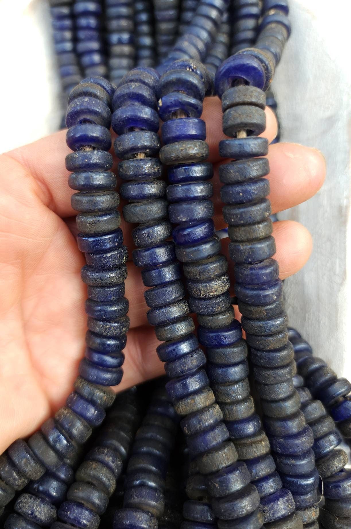 Blue Combat Glass Beads With Old Rustic Accent / Medium Raw Texture / 10-11mm Or 11-12mm 10"Long Strand /Indonesia / Java / Tribal / Ethnic
