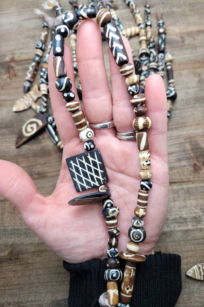 Beautiful Wide Variety Bone Beads Strand 14" Inches Long / Hand Carved Beads / Bone Beads Pendants / Tube / Round Etc / Jewelry Supplies