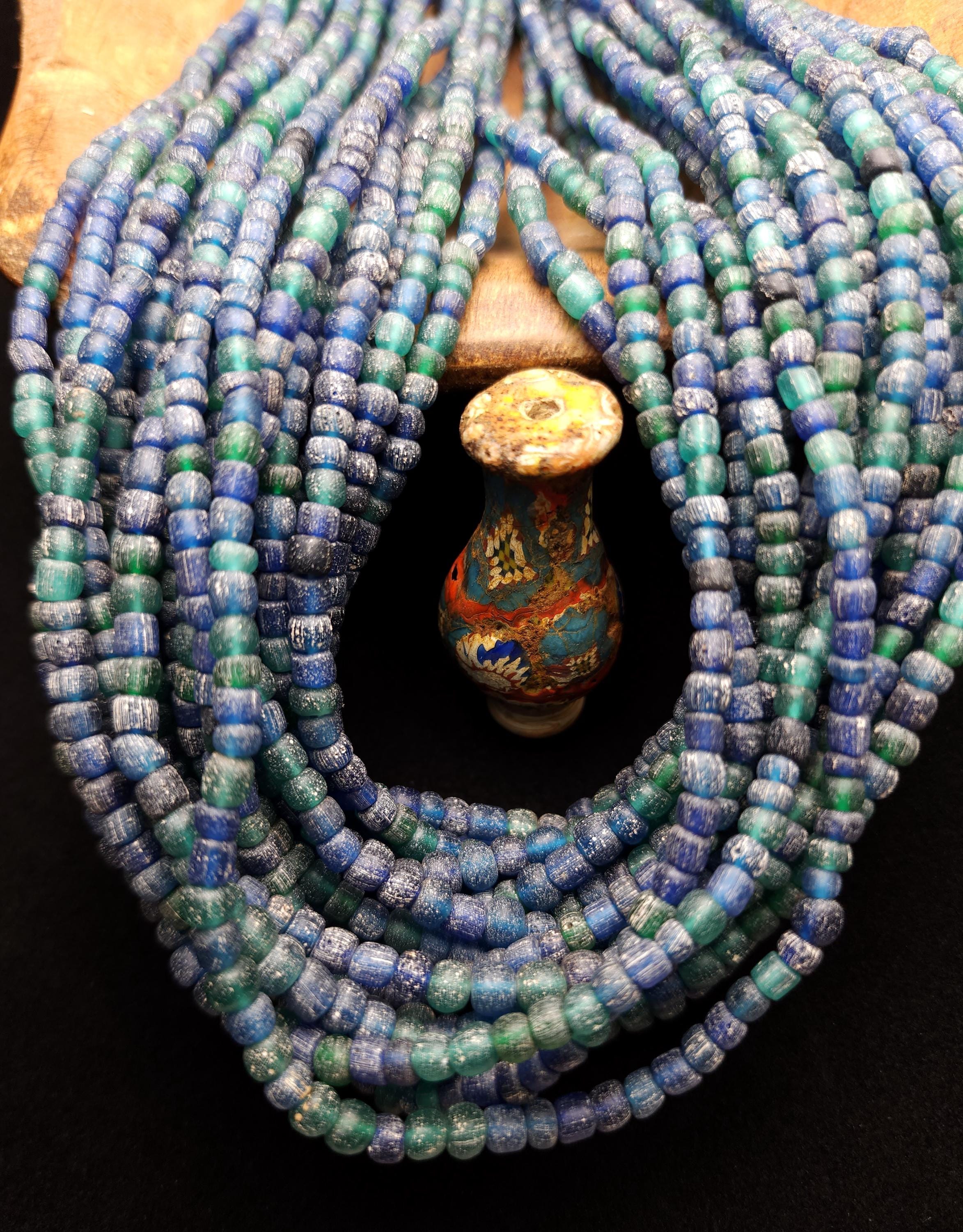 Boho Rustic Glass Beads from Indonesia 4-6×3-5mm Strand 22" [166 Beads], Blue & Green Handmade Beads, Craft Jewelry DIY.