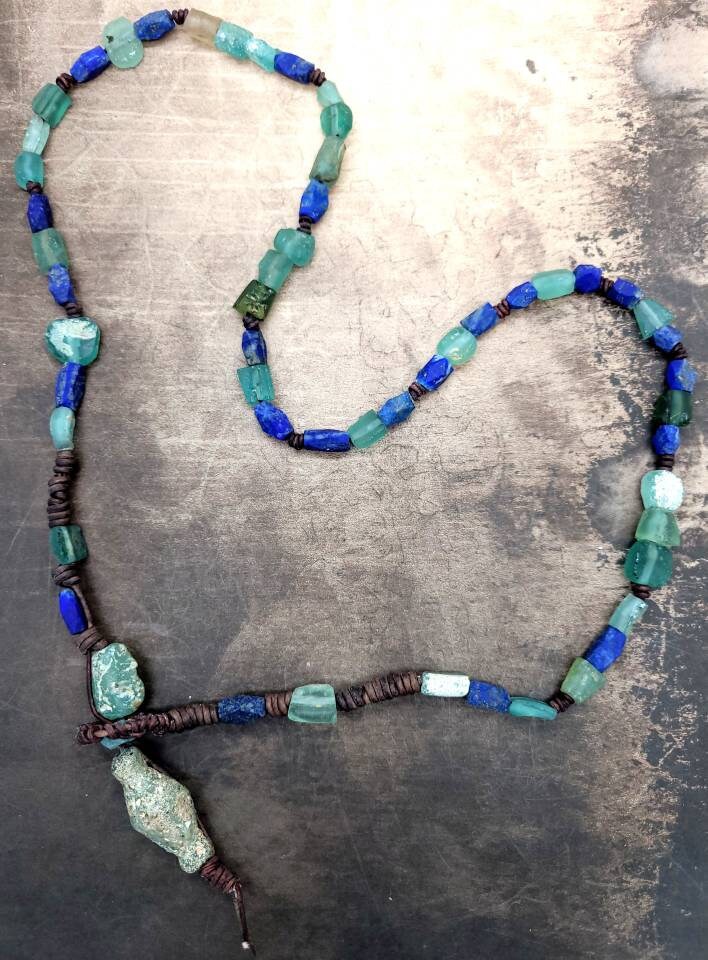Beautiful Necklace With Lapis Lazuli High Quality Leather And Authentic Ancient Rome Glass / Very Old Roman Glass / For Men & Women / Long N