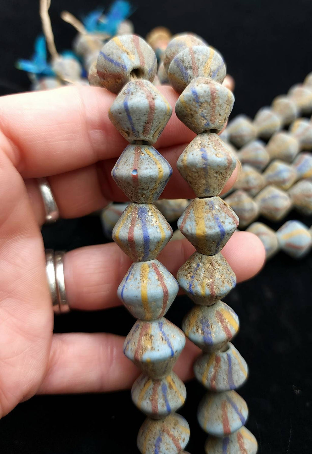 Venetians Style Beaded Bicone Antique Accent Strand 12 Beads 15× 15-16mm, Indonesia, Tribal, Ethnic, Lampwork beads, Jewelry Supplies.