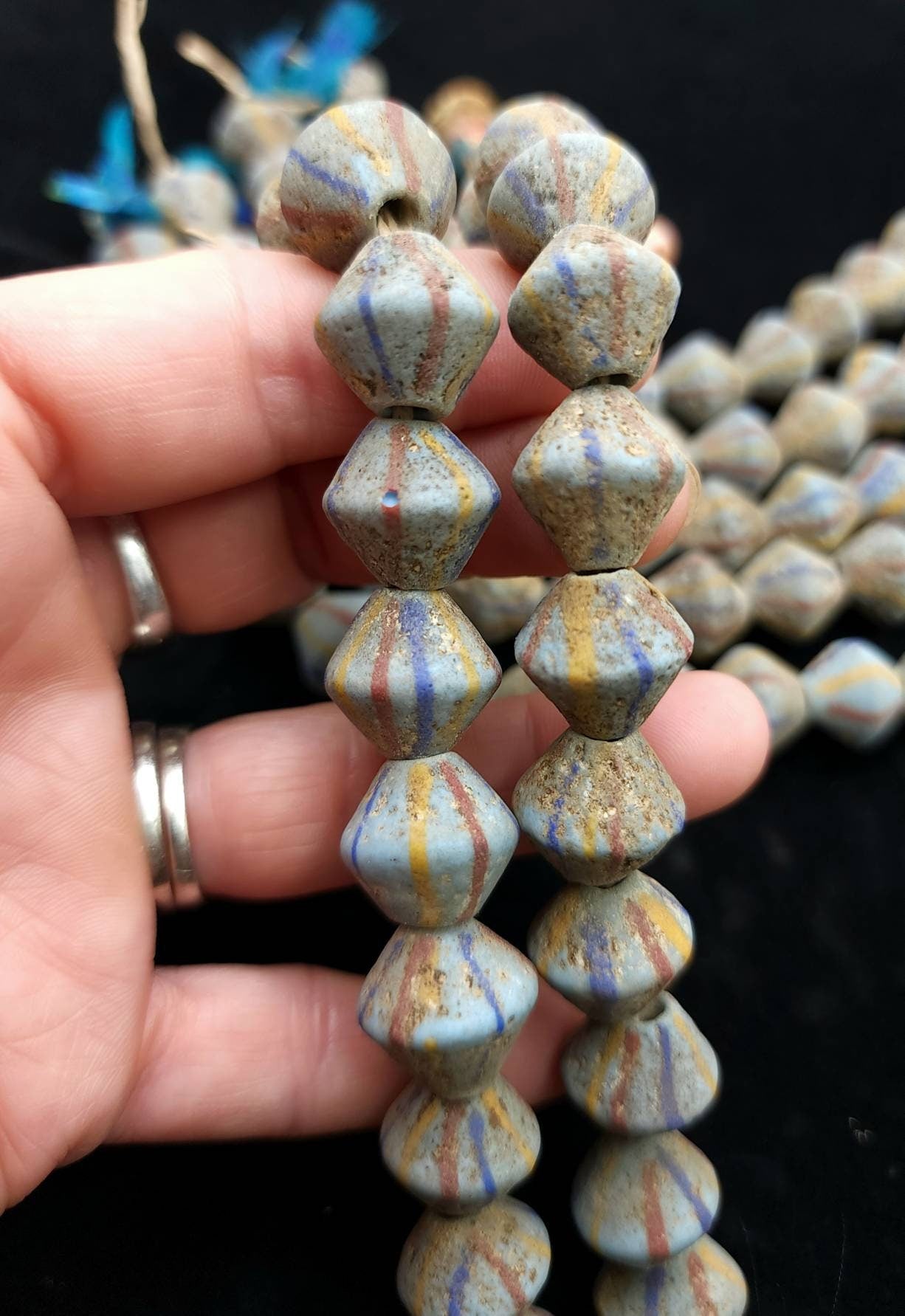 Venetians Style Beaded Bicone Antique Accent Strand 12 Beads 15× 15-16mm, Indonesia, Tribal, Ethnic, Lampwork beads, Jewelry Supplies.
