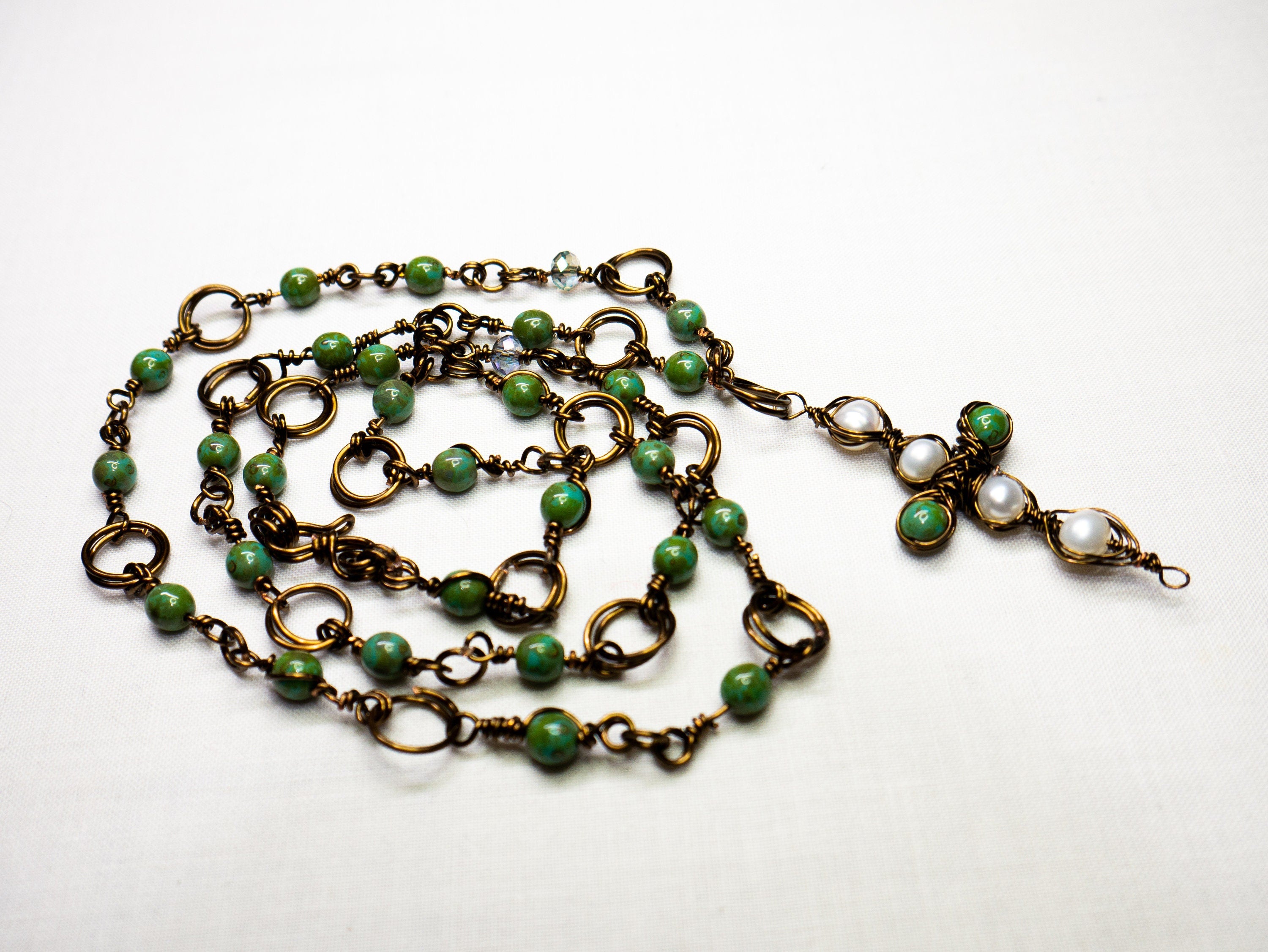 Pearls & Greens Necklace | Copper | Pearls | Rosary| Crystal