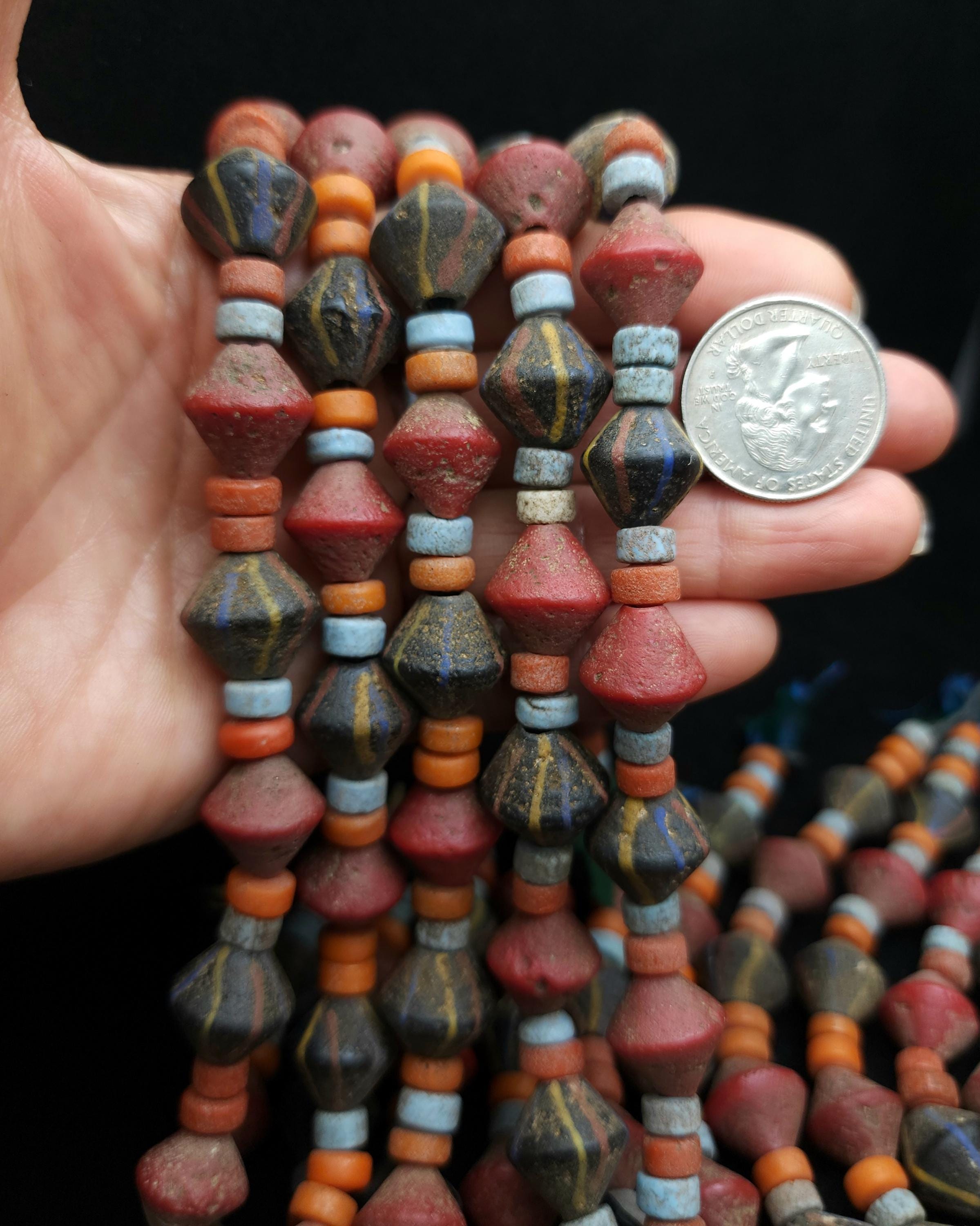 Bicone Rustic Glass Beads From Java, Strand 10" 14-15mm, Large Hole, Vintage, Tribal, Ethnic, Jewelry Making Supplies